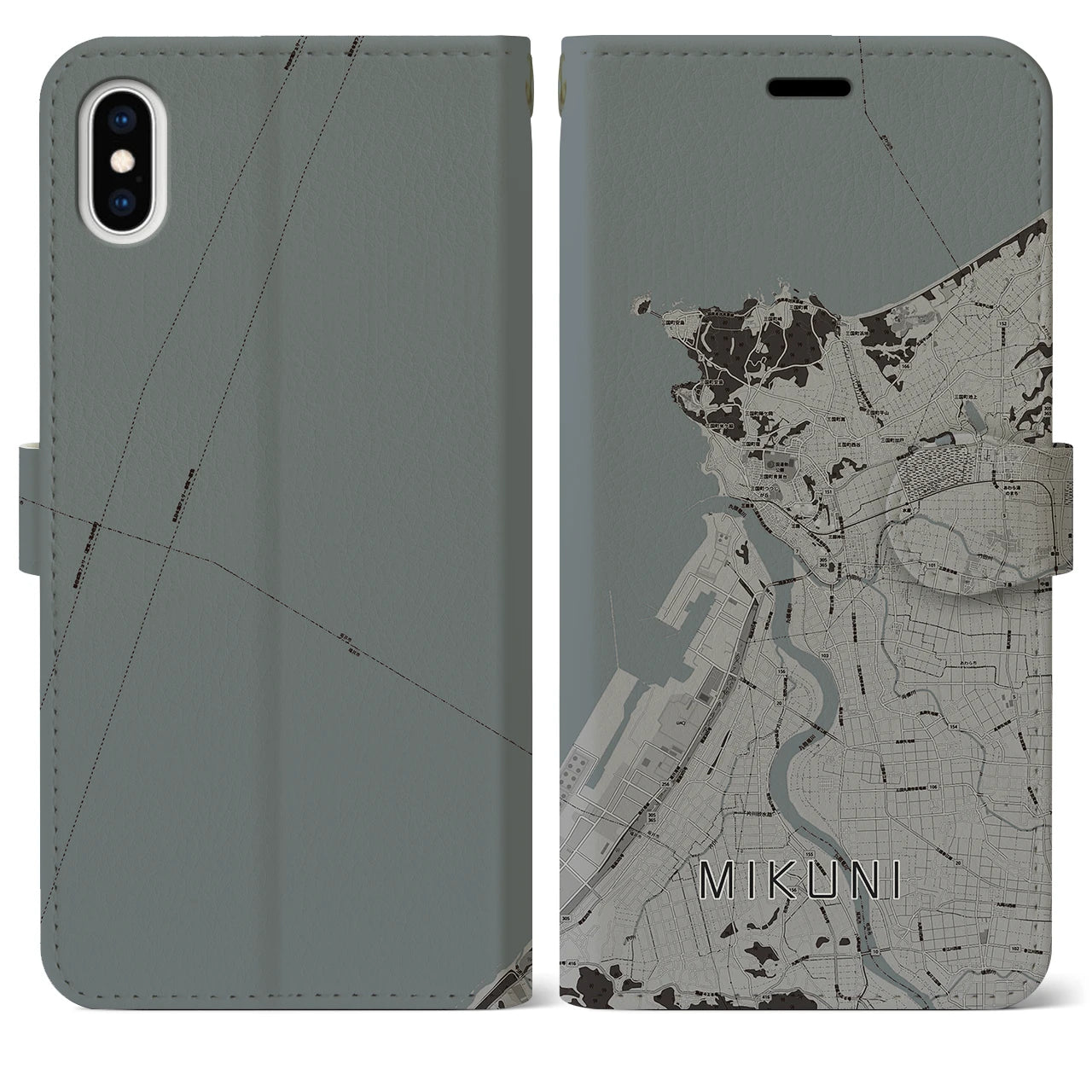 【三国(福井県)】地図柄iPhoneケース(手帳タイプ)モノトーン・iPhone XS Max 用