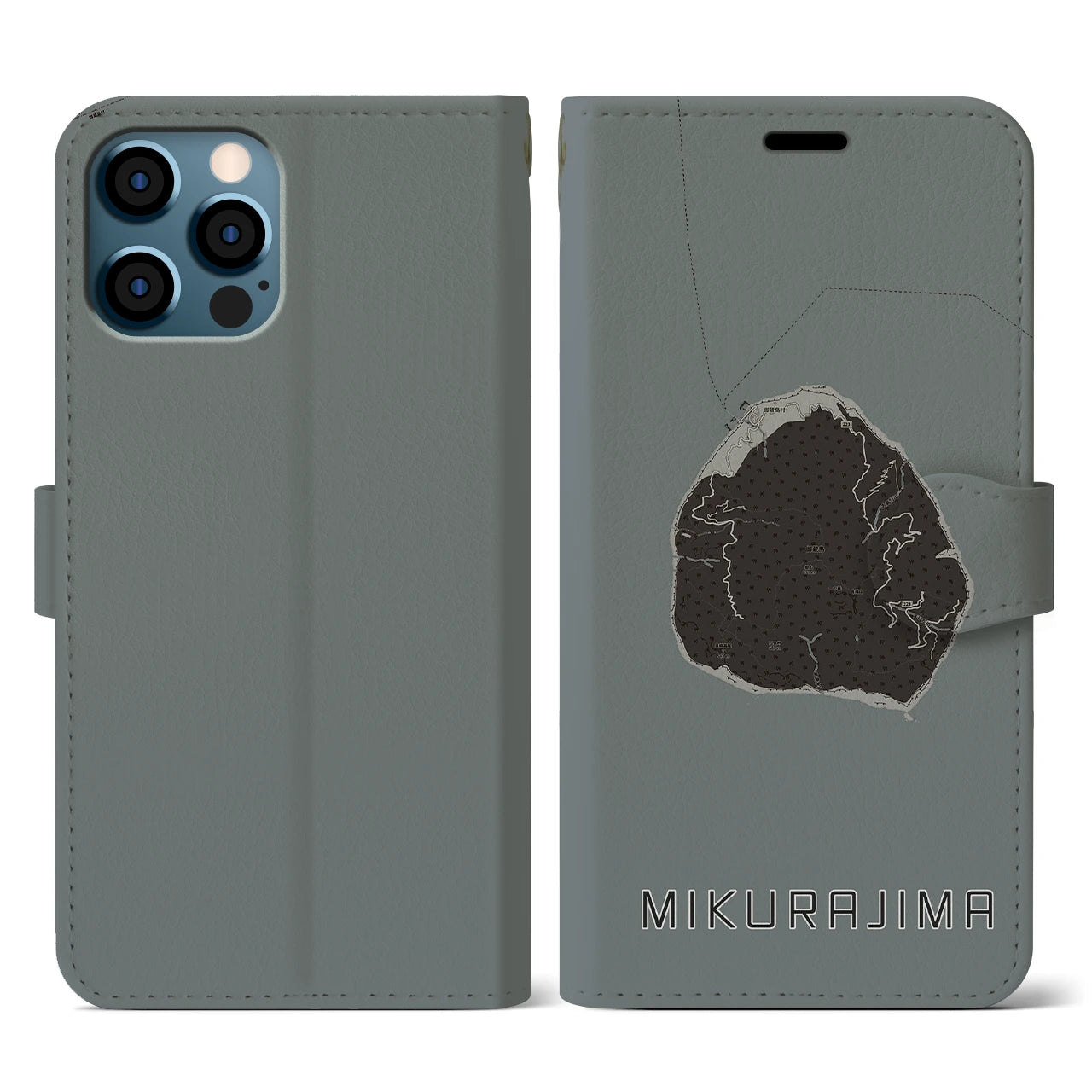 【御蔵島(東京都)】地図柄iPhoneケース(手帳タイプ)モノトーン・iPhone 12 / 12 Pro 用