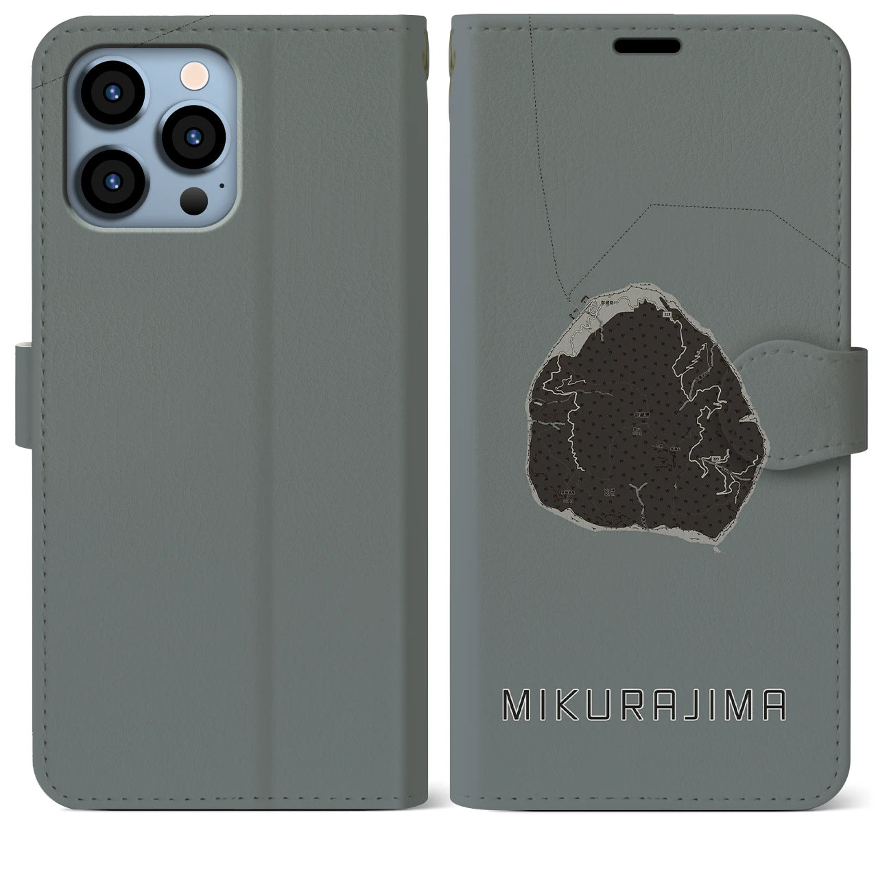 【御蔵島(東京都)】地図柄iPhoneケース(手帳タイプ)モノトーン・iPhone 13 Pro Max 用