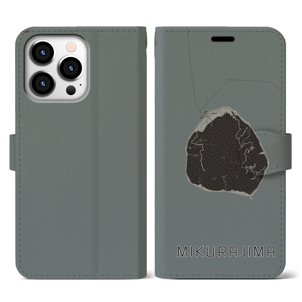 【御蔵島(東京都)】地図柄iPhoneケース(手帳タイプ)モノトーン・iPhone 13 Pro 用