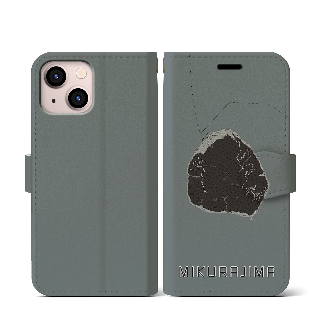 【御蔵島(東京都)】地図柄iPhoneケース(手帳タイプ)モノトーン・iPhone 13 mini 用