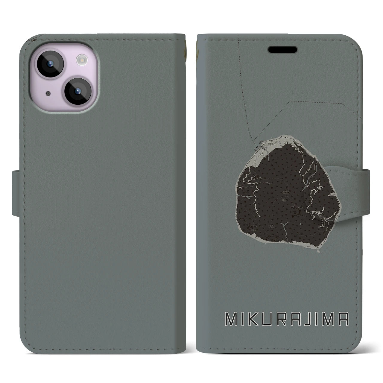 【御蔵島(東京都)】地図柄iPhoneケース(手帳タイプ)モノトーン・iPhone 14 用