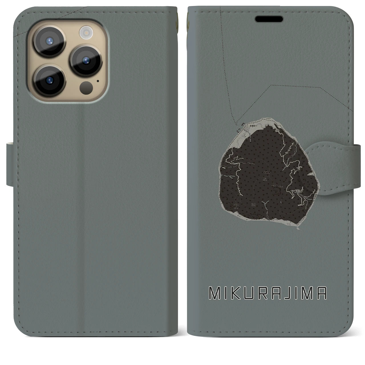 【御蔵島(東京都)】地図柄iPhoneケース(手帳タイプ)モノトーン・iPhone 14 Pro Max 用