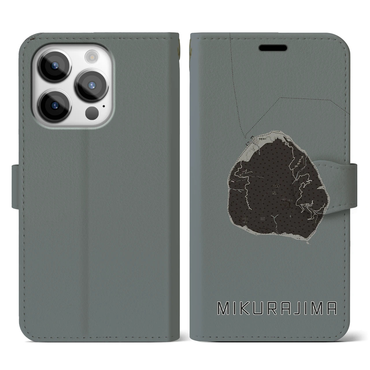 【御蔵島(東京都)】地図柄iPhoneケース(手帳タイプ)モノトーン・iPhone 14 Pro 用