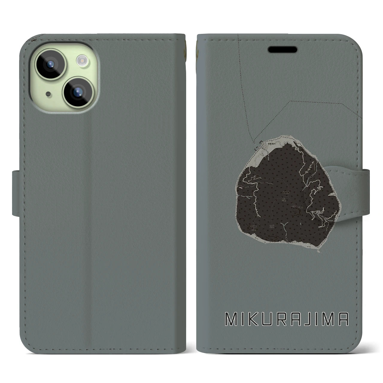 【御蔵島(東京都)】地図柄iPhoneケース(手帳タイプ)モノトーン・iPhone 15 用