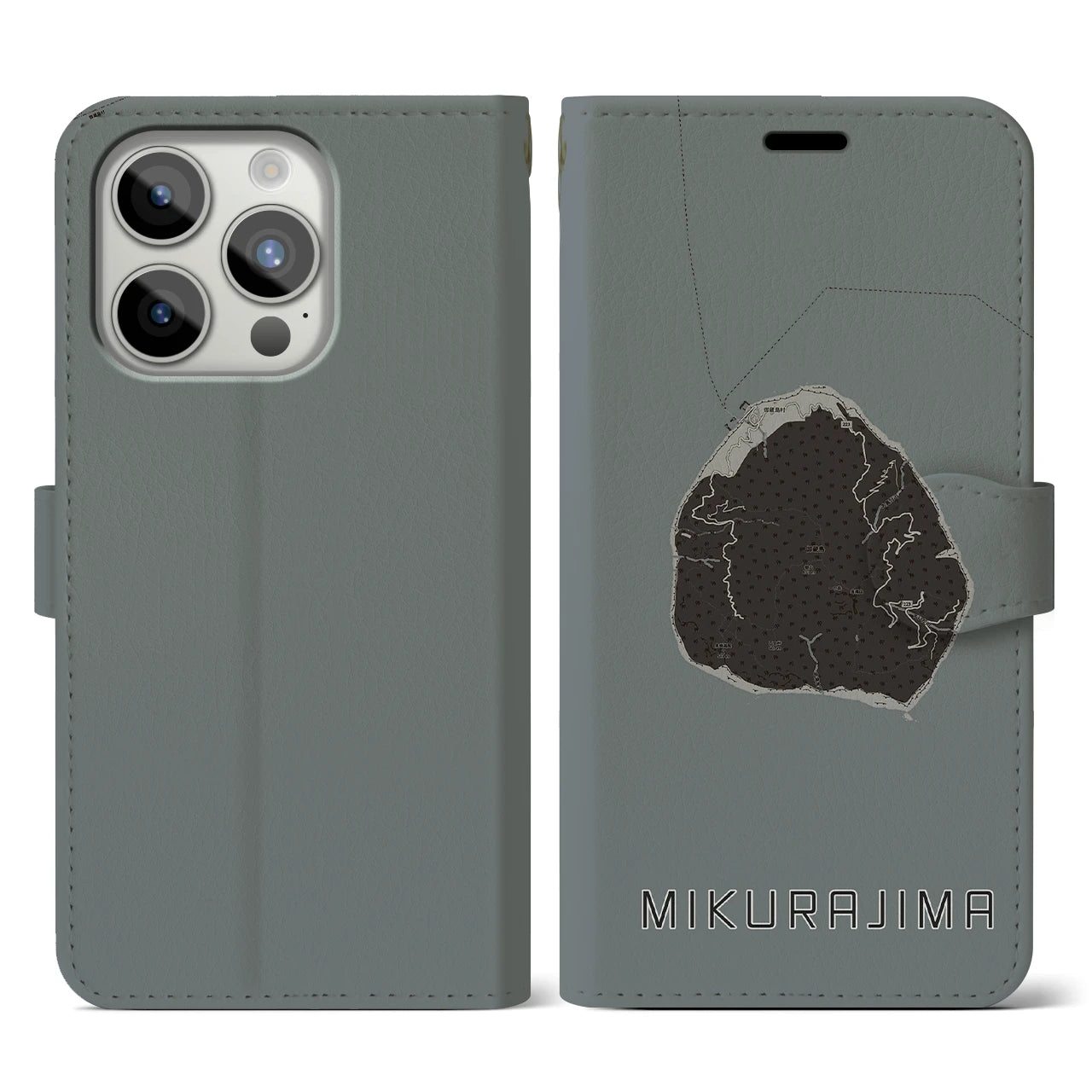 【御蔵島(東京都)】地図柄iPhoneケース(手帳タイプ)モノトーン・iPhone 15 Pro 用