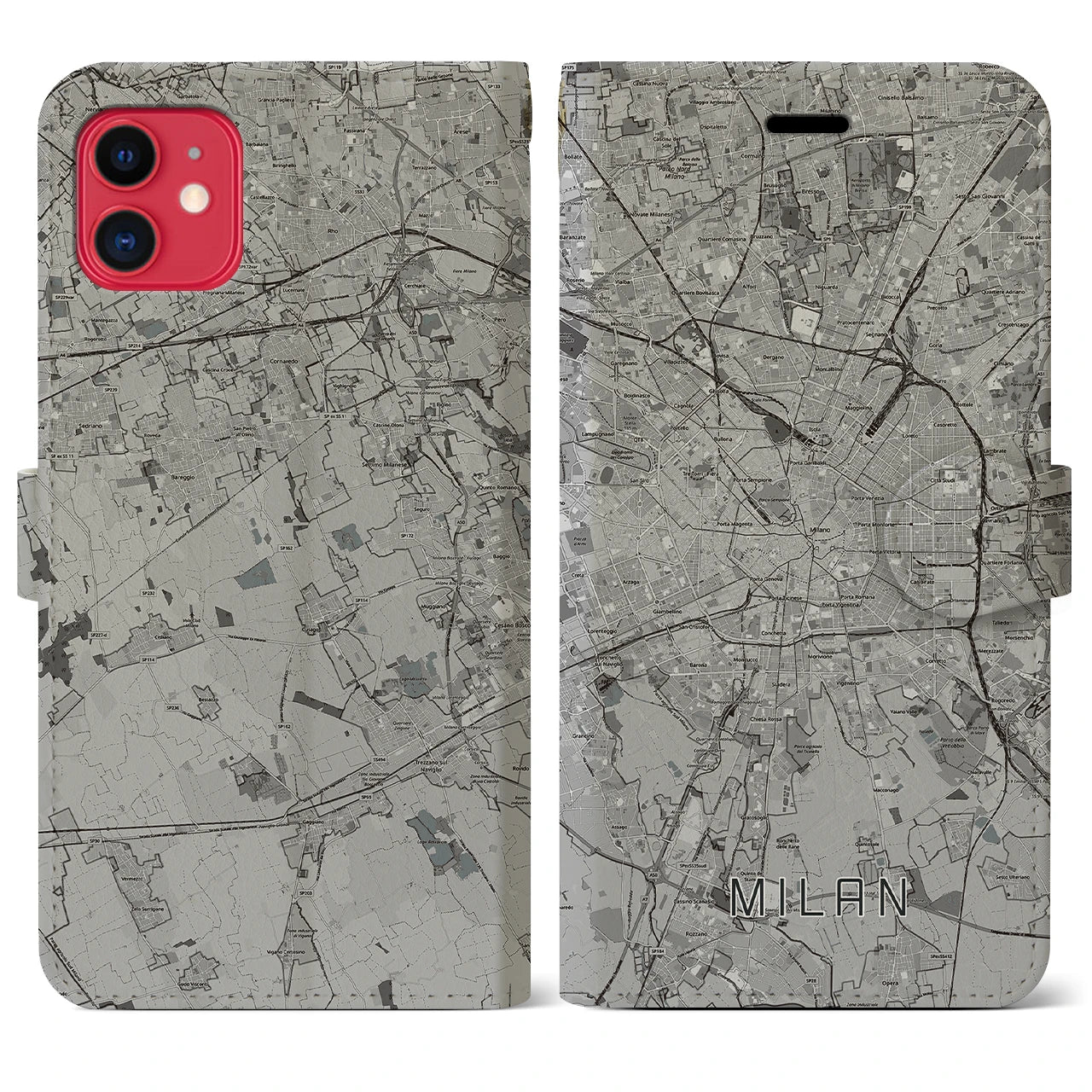 【ミラノ(イタリア)】地図柄iPhoneケース(手帳タイプ)モノトーン・iPhone 11 用