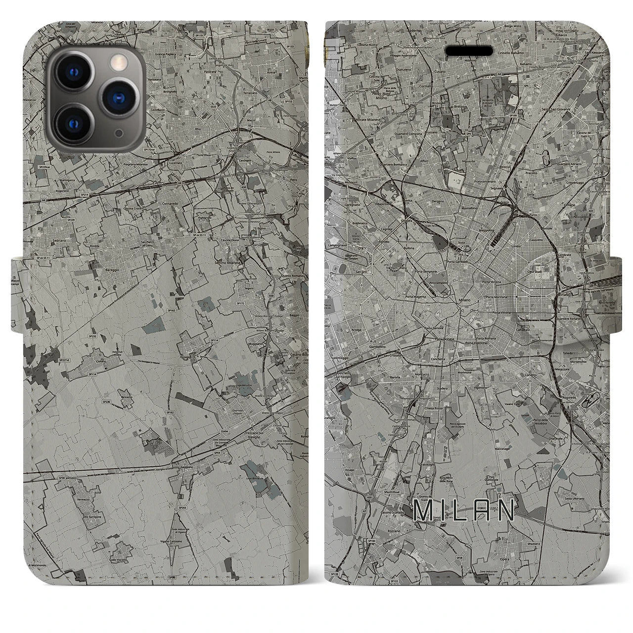 【ミラノ(イタリア)】地図柄iPhoneケース(手帳タイプ)モノトーン・iPhone 11 Pro Max 用