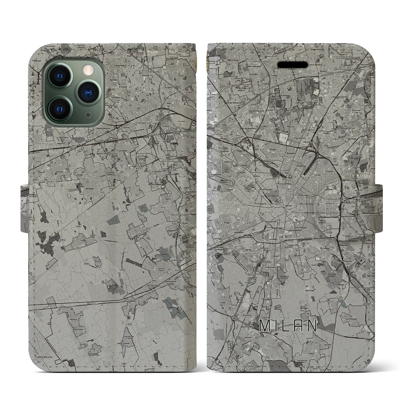 【ミラノ(イタリア)】地図柄iPhoneケース(手帳タイプ)モノトーン・iPhone 11 Pro 用