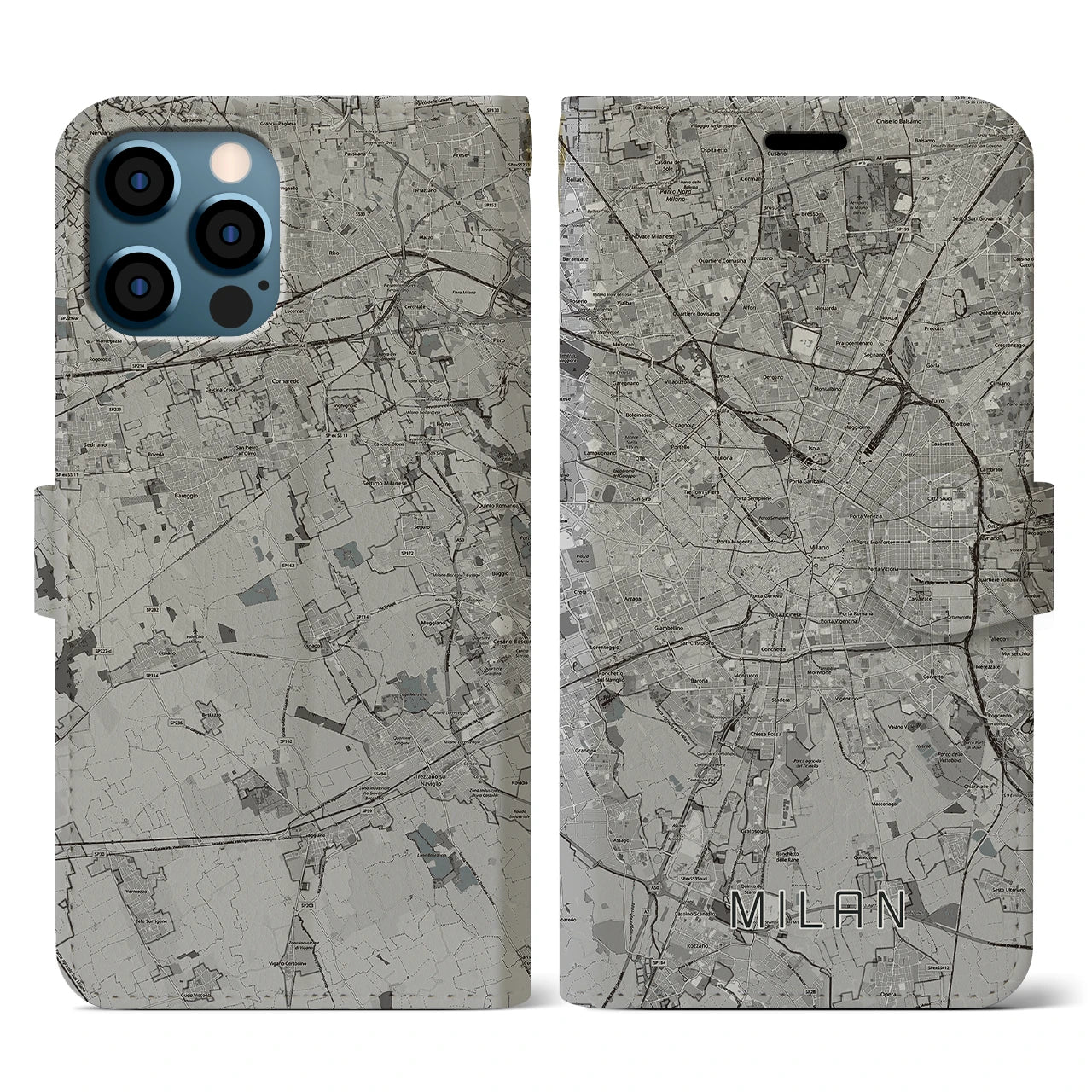 【ミラノ(イタリア)】地図柄iPhoneケース(手帳タイプ)モノトーン・iPhone 12 / 12 Pro 用