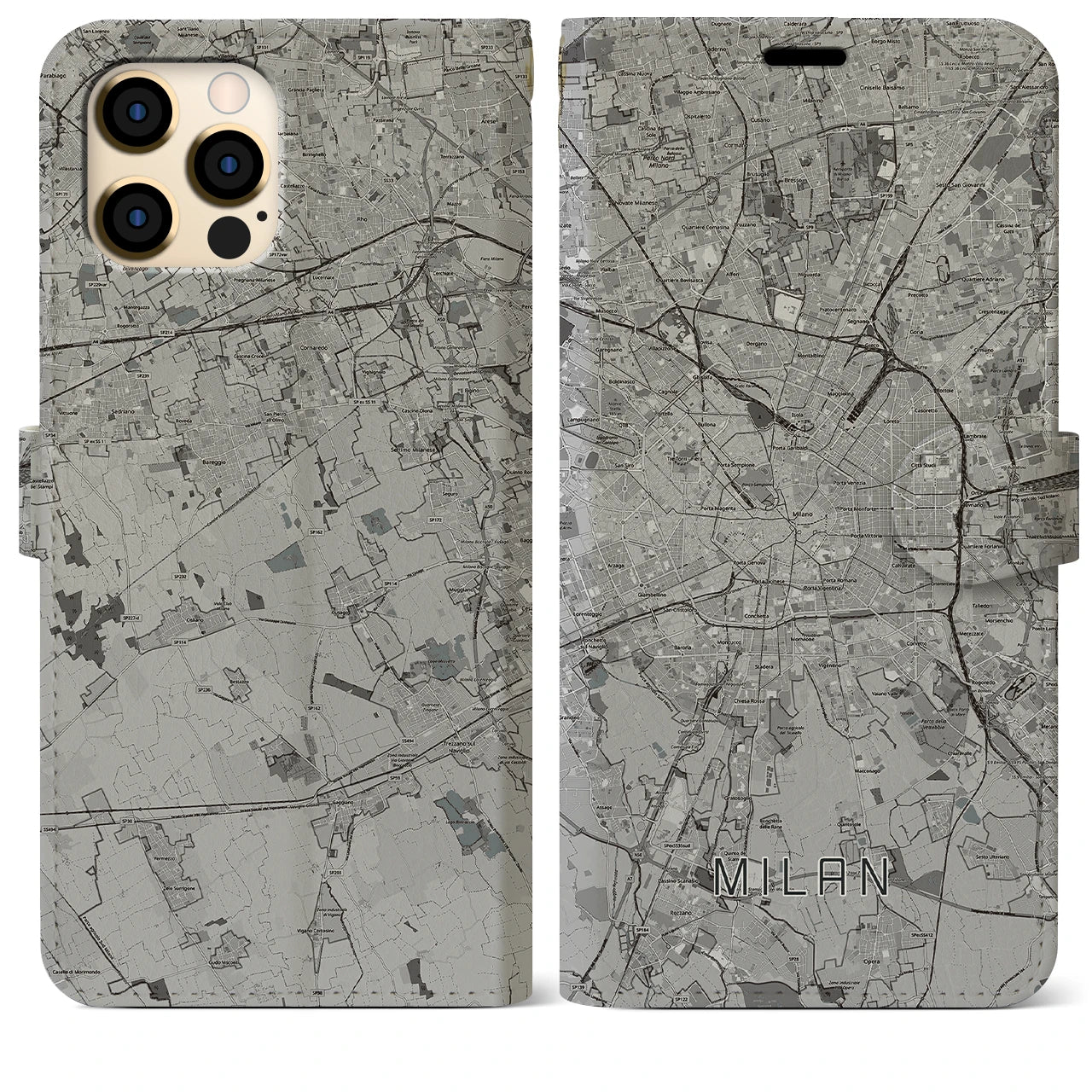 【ミラノ(イタリア)】地図柄iPhoneケース(手帳タイプ)モノトーン・iPhone 12 Pro Max 用