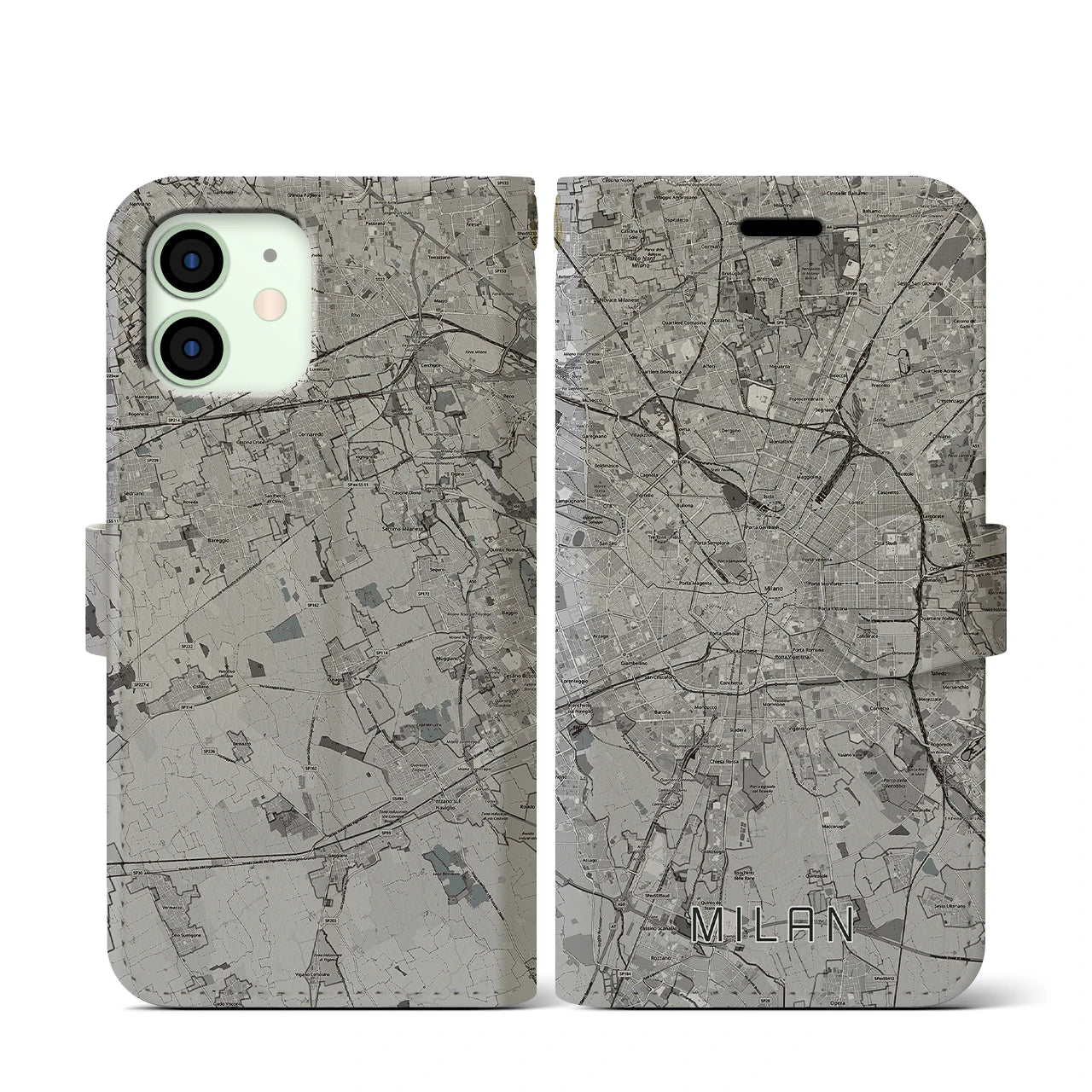 【ミラノ(イタリア)】地図柄iPhoneケース(手帳タイプ)モノトーン・iPhone 12 mini 用