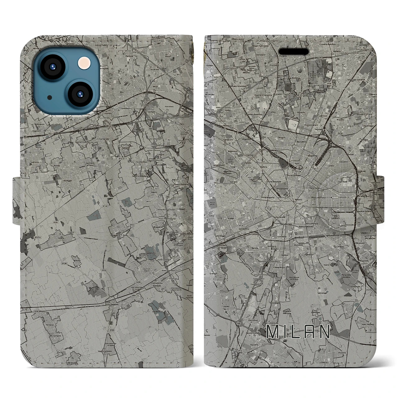 【ミラノ(イタリア)】地図柄iPhoneケース(手帳タイプ)モノトーン・iPhone 13 用