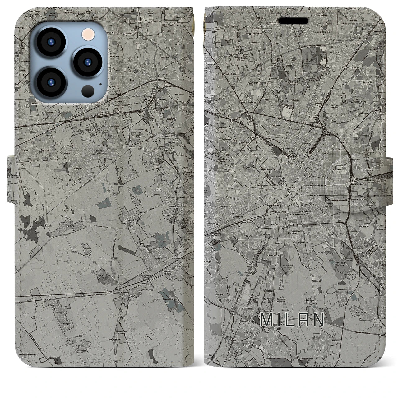 【ミラノ(イタリア)】地図柄iPhoneケース(手帳タイプ)モノトーン・iPhone 13 Pro Max 用