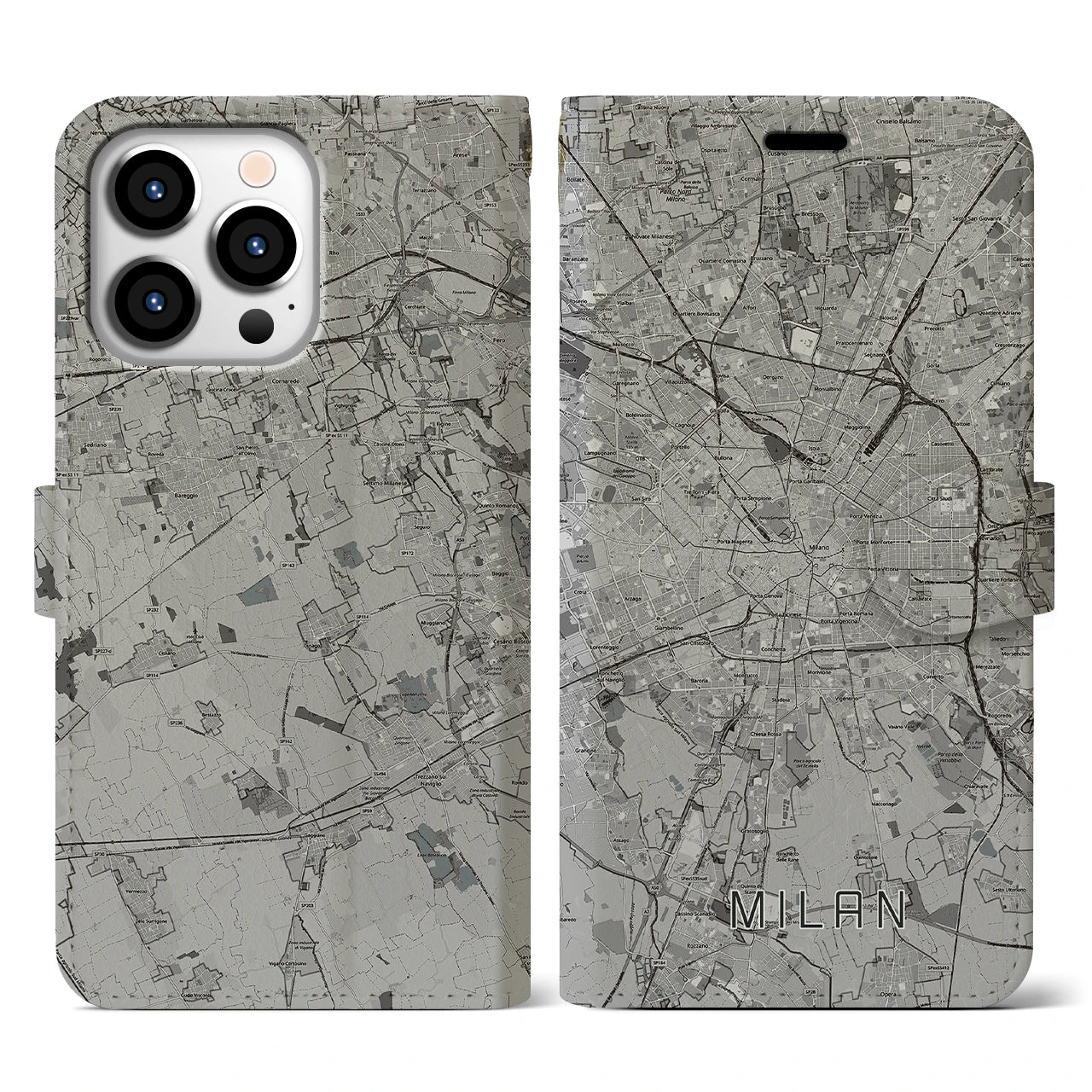 【ミラノ(イタリア)】地図柄iPhoneケース(手帳タイプ)モノトーン・iPhone 13 Pro 用