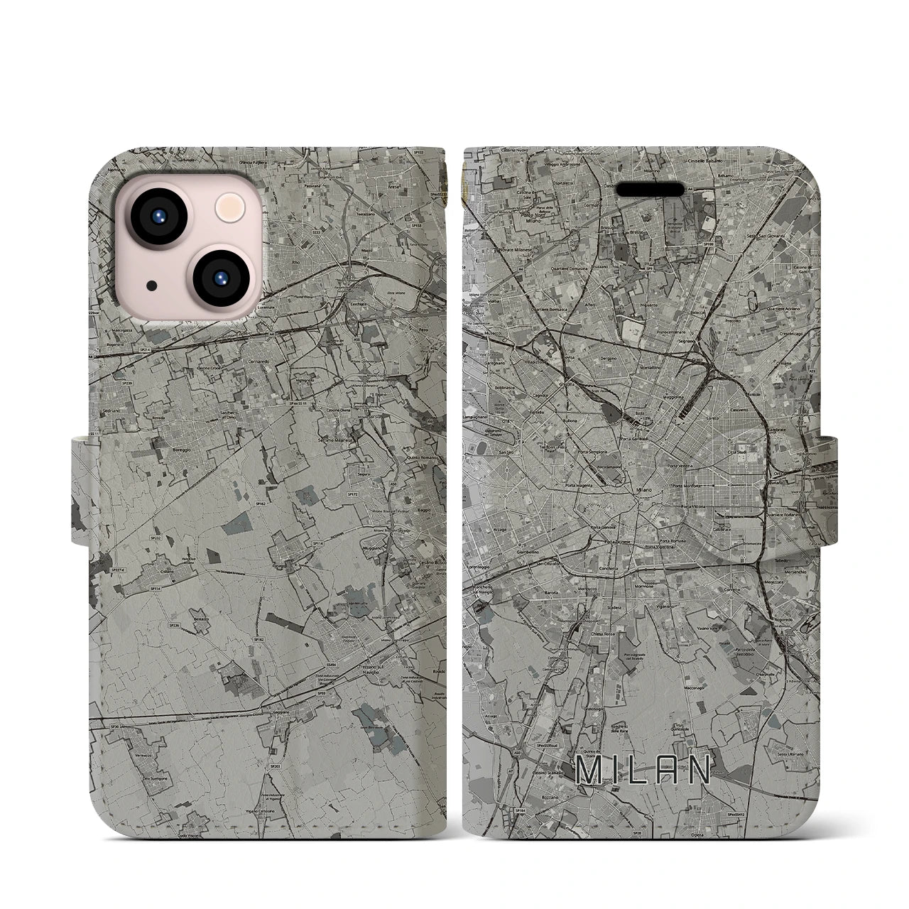 【ミラノ(イタリア)】地図柄iPhoneケース(手帳タイプ)モノトーン・iPhone 13 mini 用