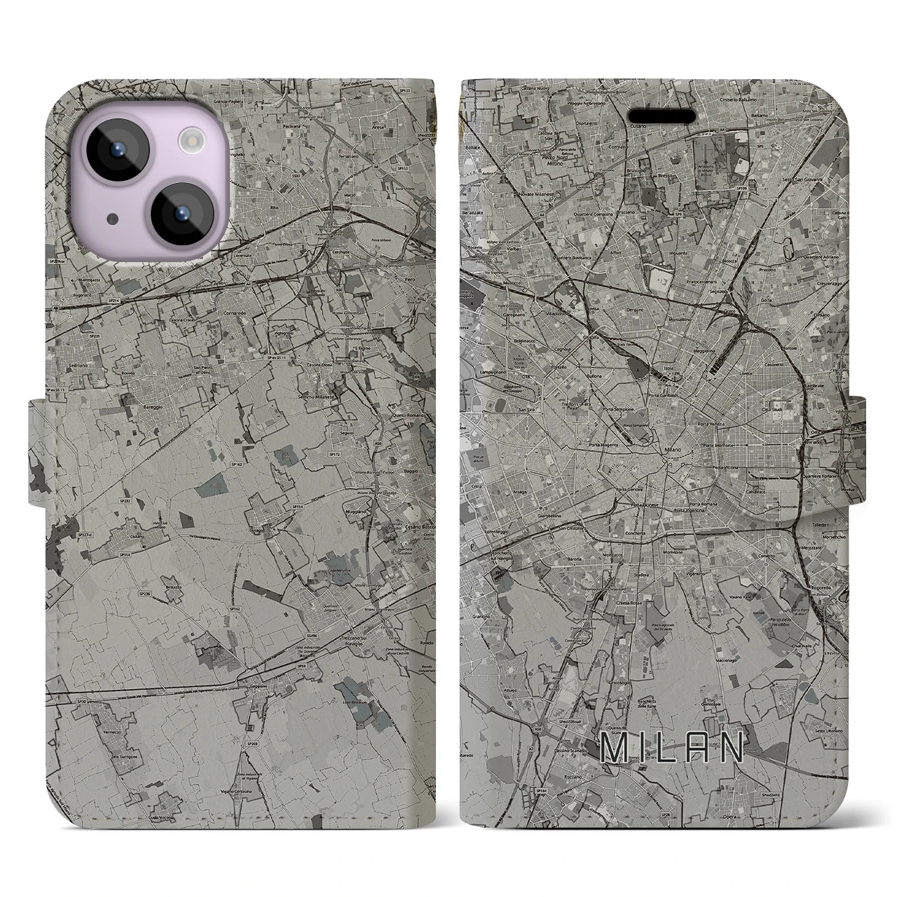 【ミラノ(イタリア)】地図柄iPhoneケース(手帳タイプ)モノトーン・iPhone 14 用