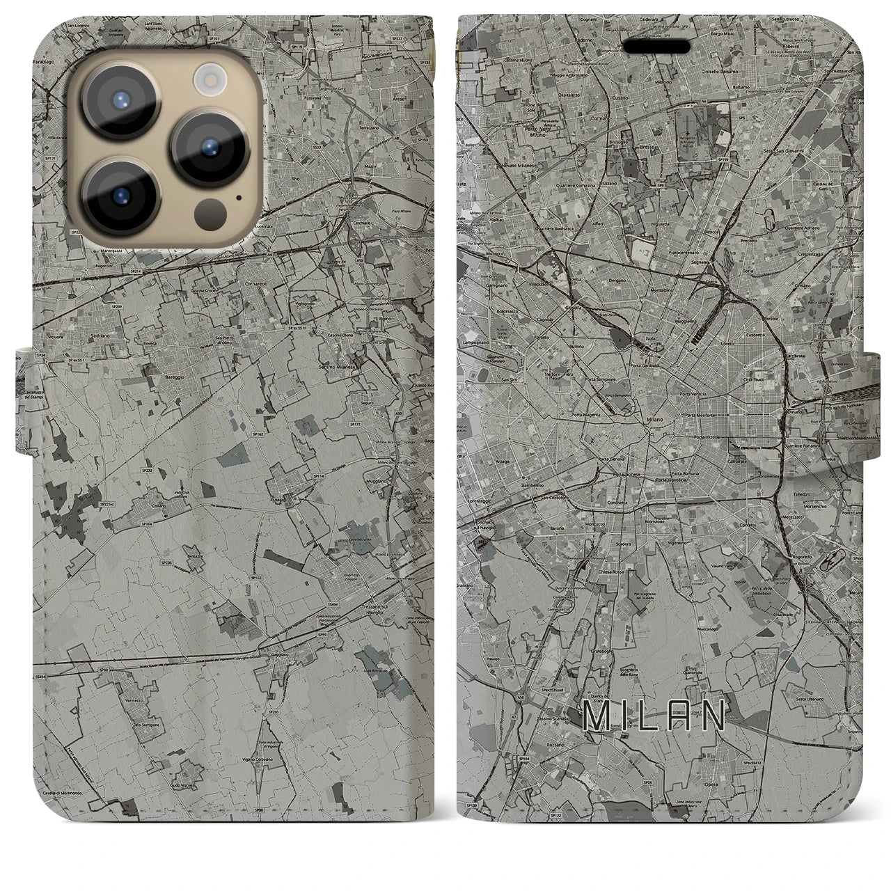 【ミラノ(イタリア)】地図柄iPhoneケース(手帳タイプ)モノトーン・iPhone 14 Pro Max 用
