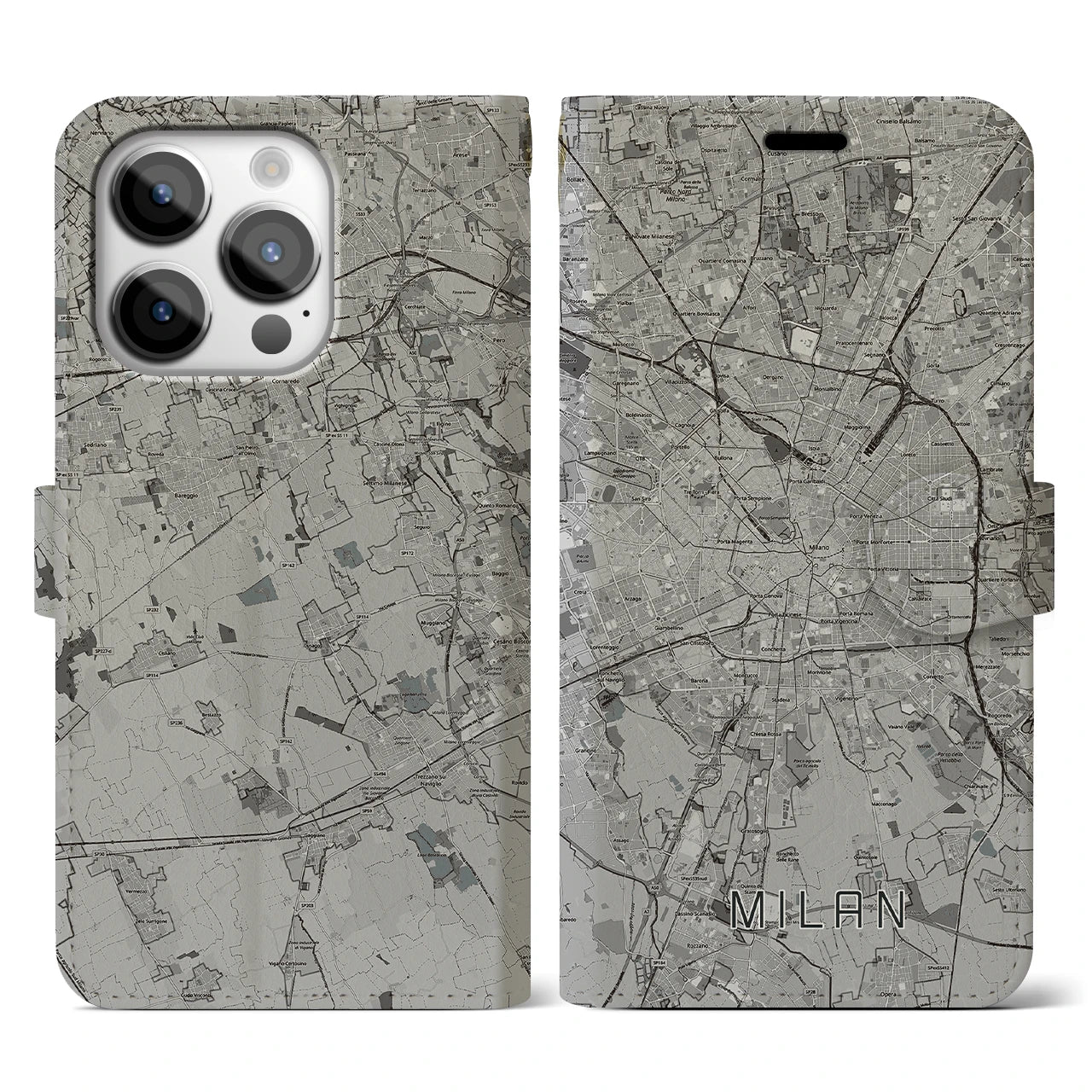 【ミラノ(イタリア)】地図柄iPhoneケース(手帳タイプ)モノトーン・iPhone 14 Pro 用