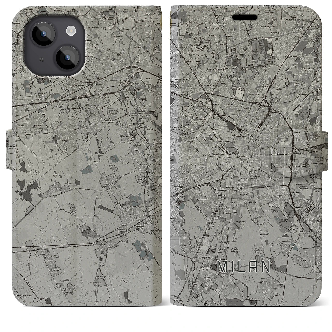 【ミラノ(イタリア)】地図柄iPhoneケース(手帳タイプ)モノトーン・iPhone 14 Plus 用