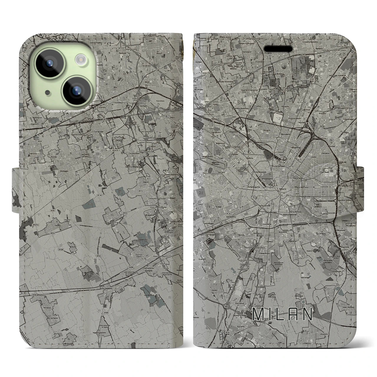 【ミラノ(イタリア)】地図柄iPhoneケース(手帳タイプ)モノトーン・iPhone 15 用