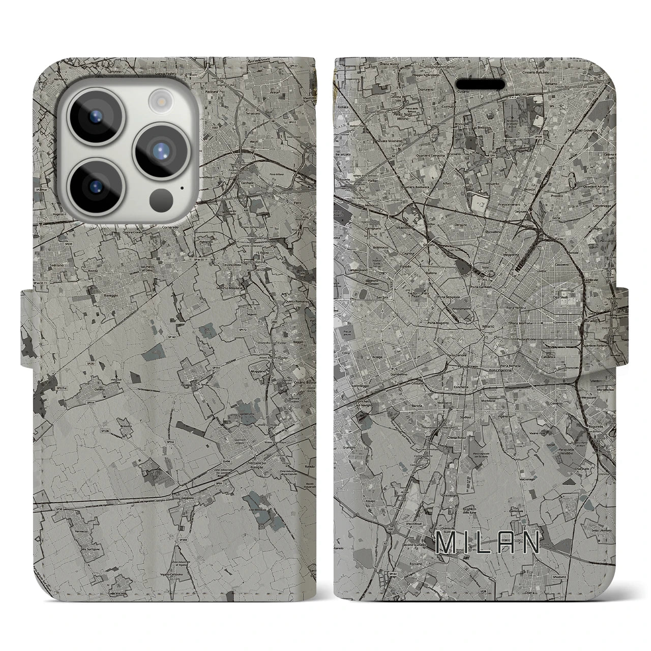 【ミラノ(イタリア)】地図柄iPhoneケース(手帳タイプ)モノトーン・iPhone 15 Pro 用