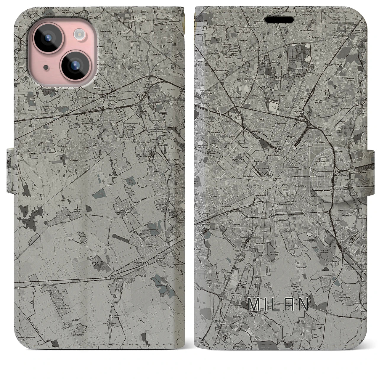 【ミラノ(イタリア)】地図柄iPhoneケース(手帳タイプ)モノトーン・iPhone 15 Plus 用