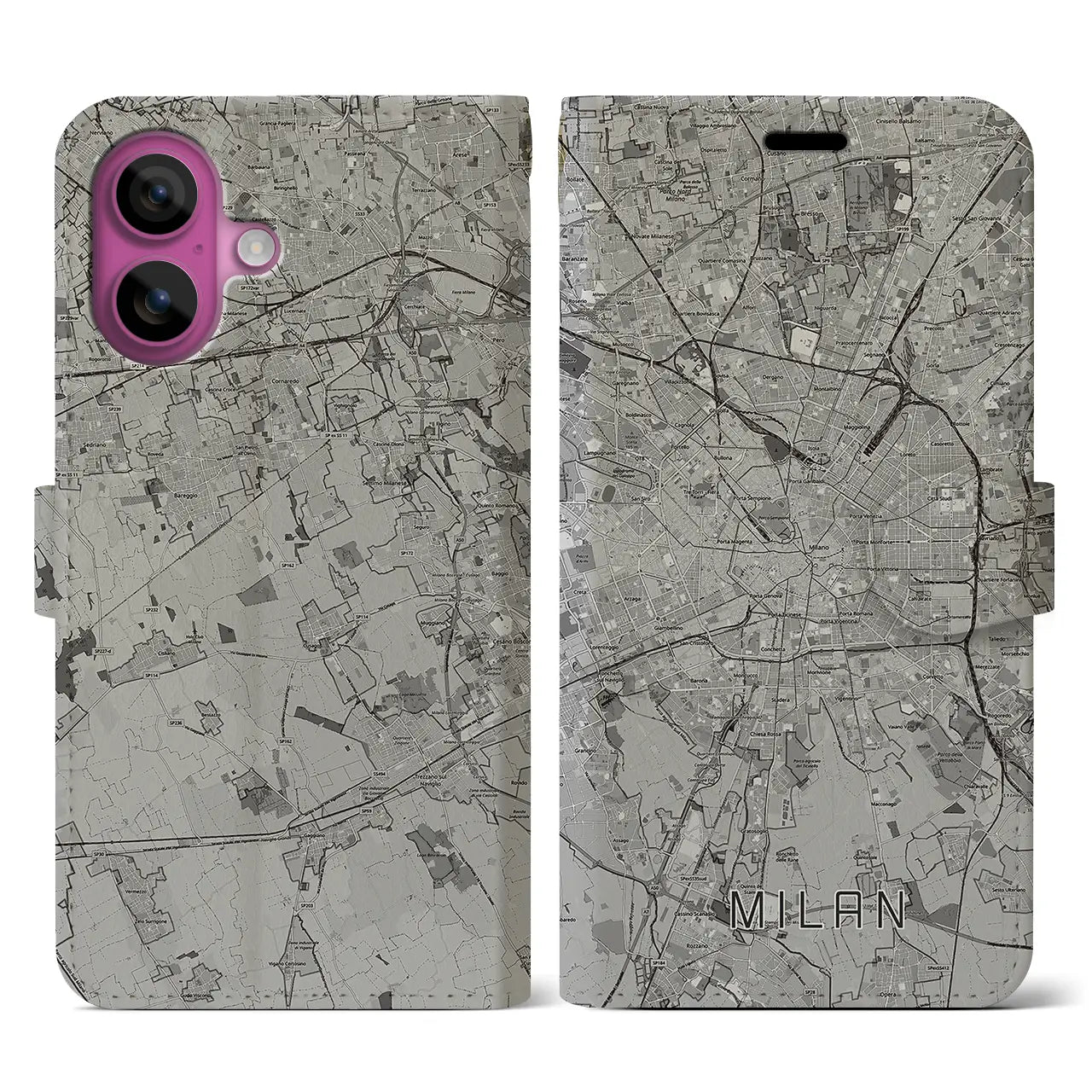 【ミラノ(イタリア)】地図柄iPhoneケース(手帳タイプ)モノトーン・iPhone 16 Pro 用