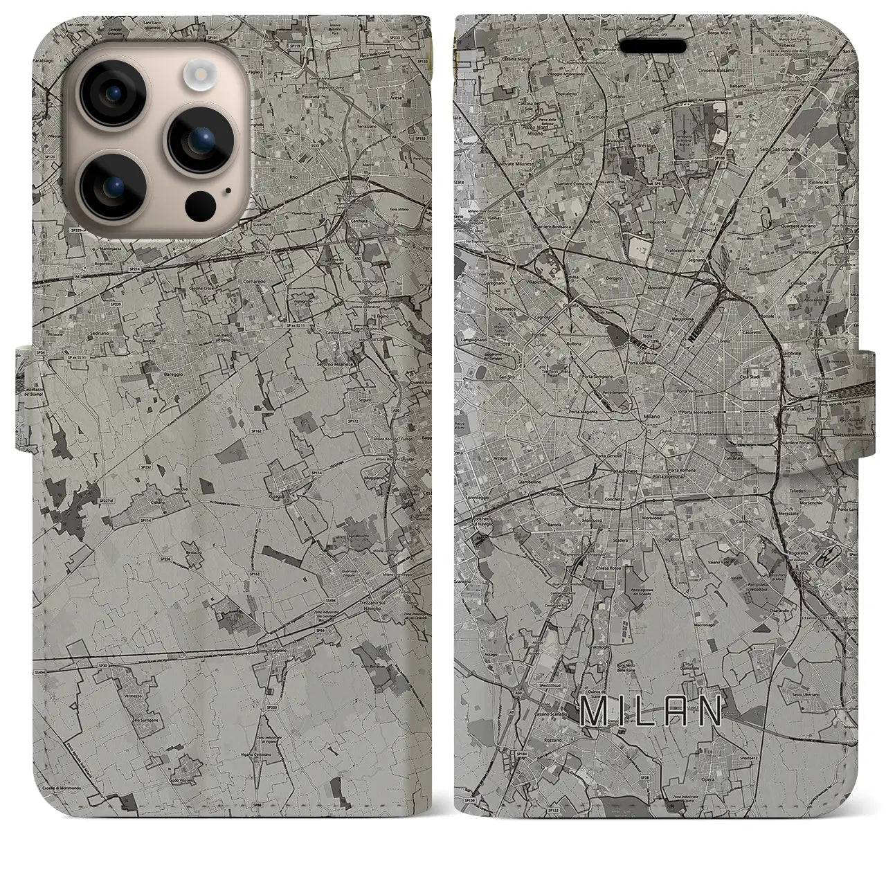 【ミラノ(イタリア)】地図柄iPhoneケース(手帳タイプ)モノトーン・iPhone 16 Plus 用