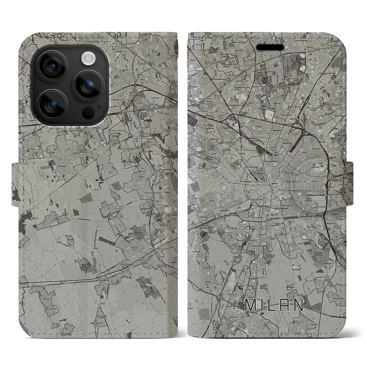 【ミラノ(イタリア)】地図柄iPhoneケース(手帳タイプ)モノトーン・iPhone 16 用