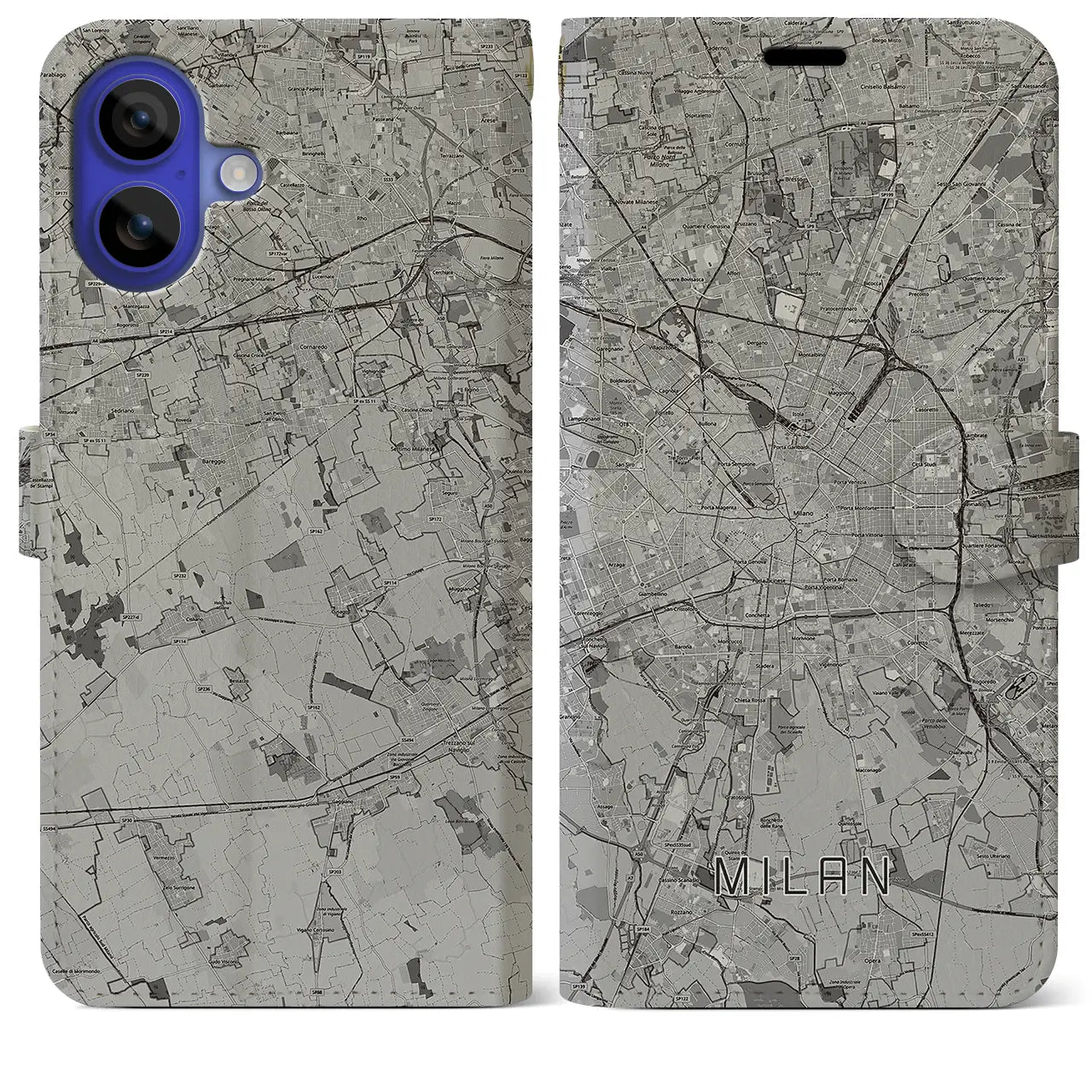 【ミラノ(イタリア)】地図柄iPhoneケース(手帳タイプ)モノトーン・iPhone 16 Pro Max 用