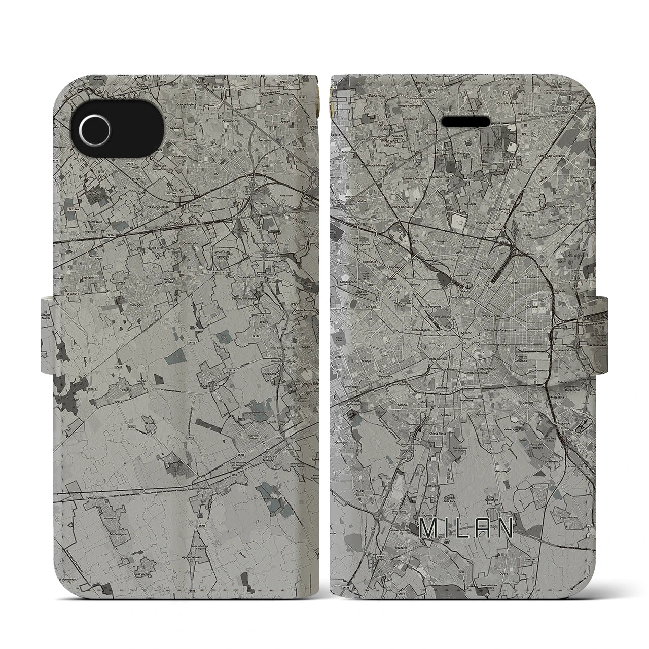 【ミラノ(イタリア)】地図柄iPhoneケース(手帳タイプ)モノトーン・iPhone SE(第3 / 第2世代) / 8 / 7 / 6s / 6 用