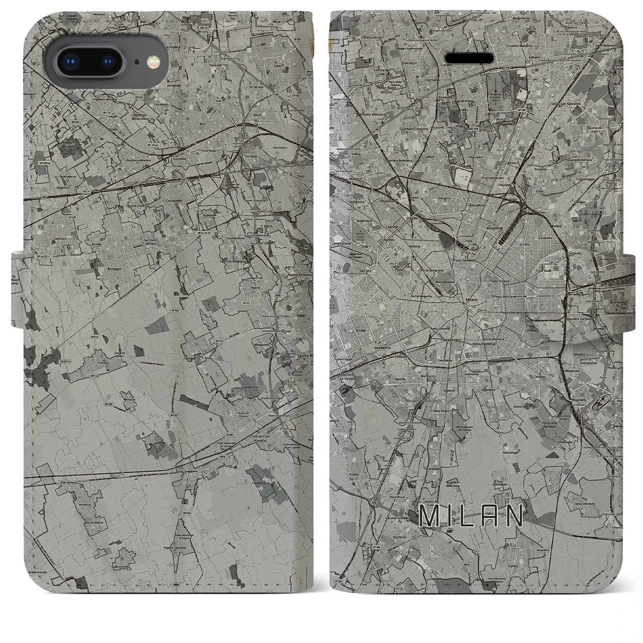【ミラノ(イタリア)】地図柄iPhoneケース(手帳タイプ)モノトーン・iPhone 8Plus /7Plus / 6sPlus / 6Plus 用