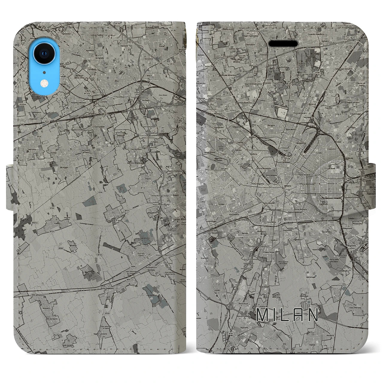 【ミラノ(イタリア)】地図柄iPhoneケース(手帳タイプ)モノトーン・iPhone XR 用