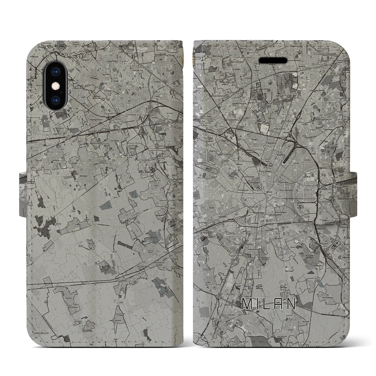 【ミラノ(イタリア)】地図柄iPhoneケース(手帳タイプ)モノトーン・iPhone XS / X 用