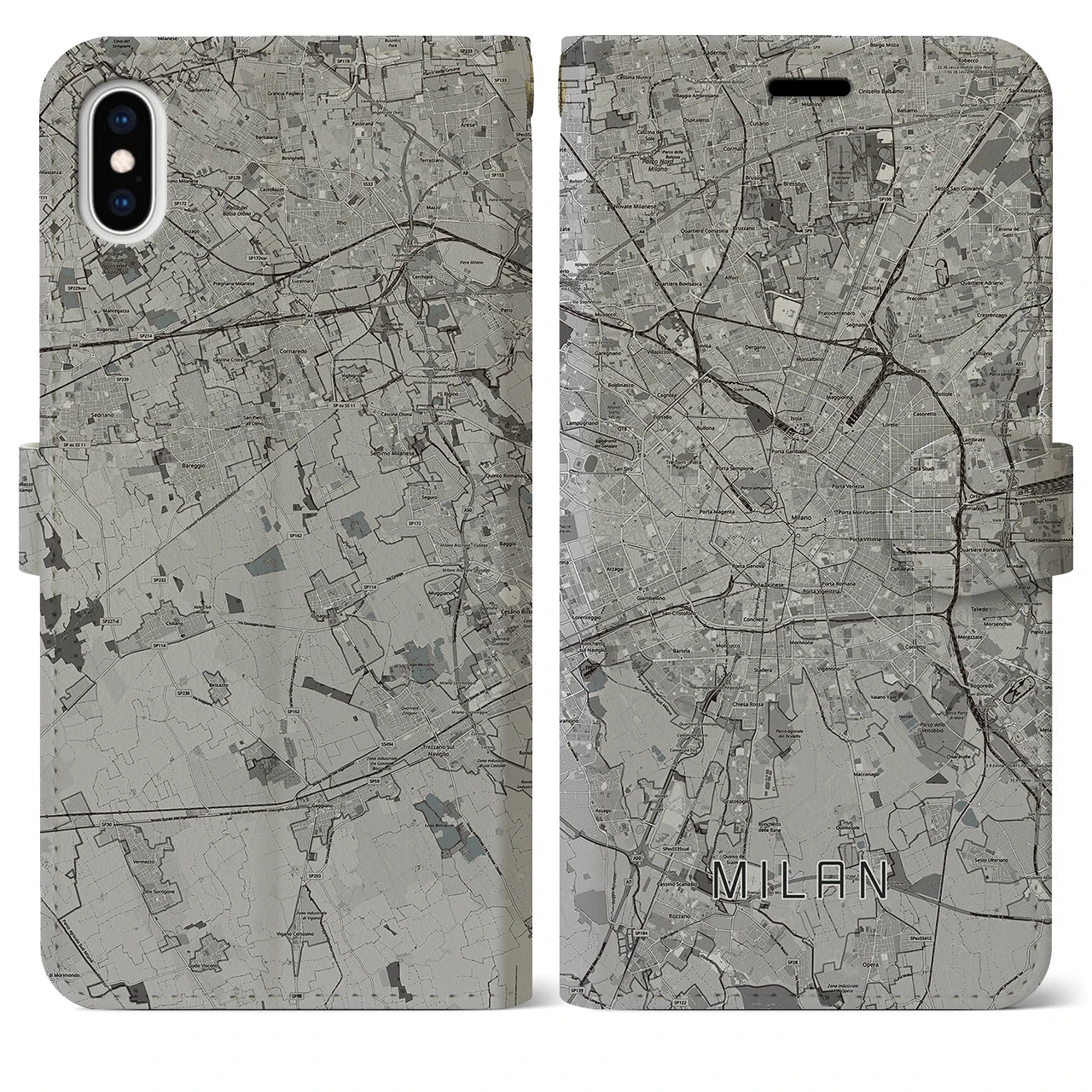 【ミラノ(イタリア)】地図柄iPhoneケース(手帳タイプ)モノトーン・iPhone XS Max 用