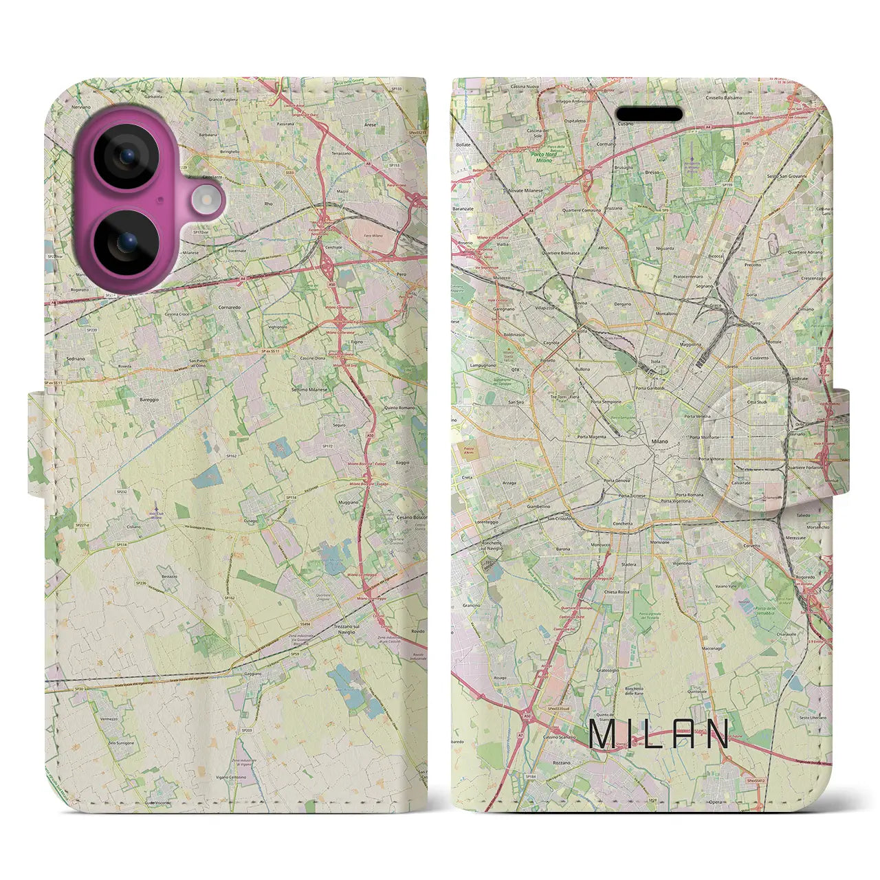 【ミラノ(イタリア)】地図柄iPhoneケース(手帳タイプ)ナチュラル・iPhone 16 Pro 用
