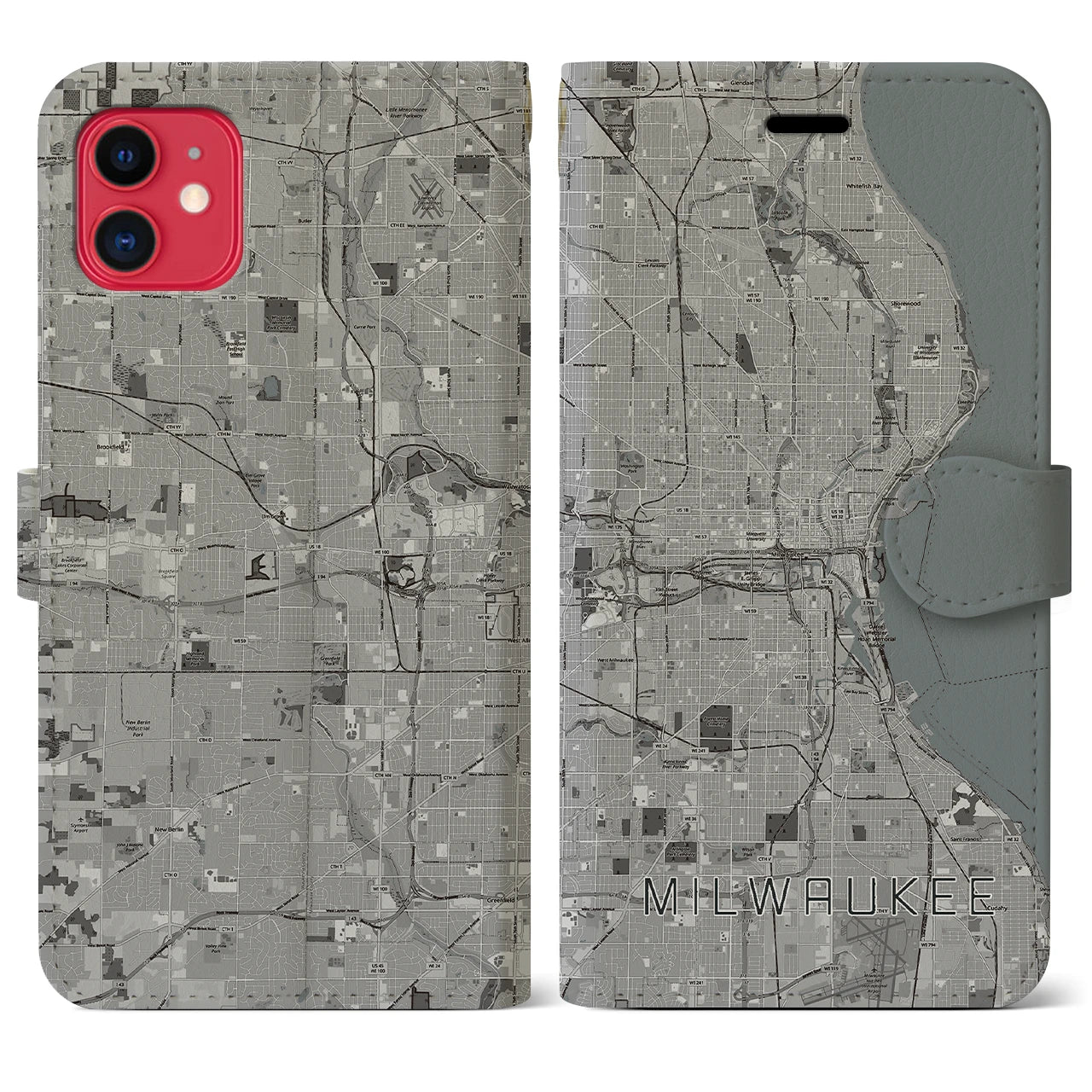 【ミルウォーキー(アメリカ)】地図柄iPhoneケース(手帳タイプ)モノトーン・iPhone 11 用