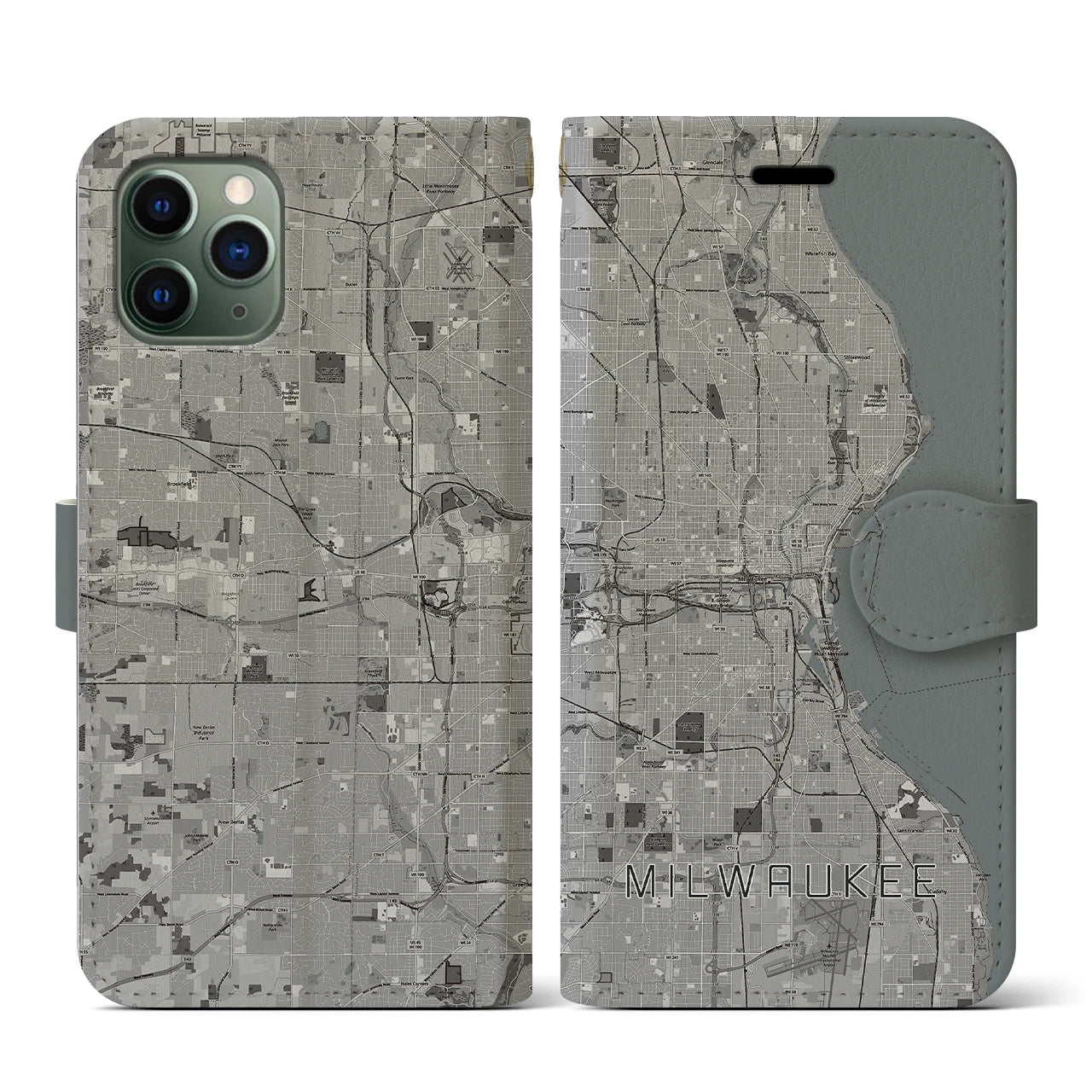 【ミルウォーキー(アメリカ)】地図柄iPhoneケース(手帳タイプ)モノトーン・iPhone 11 Pro 用
