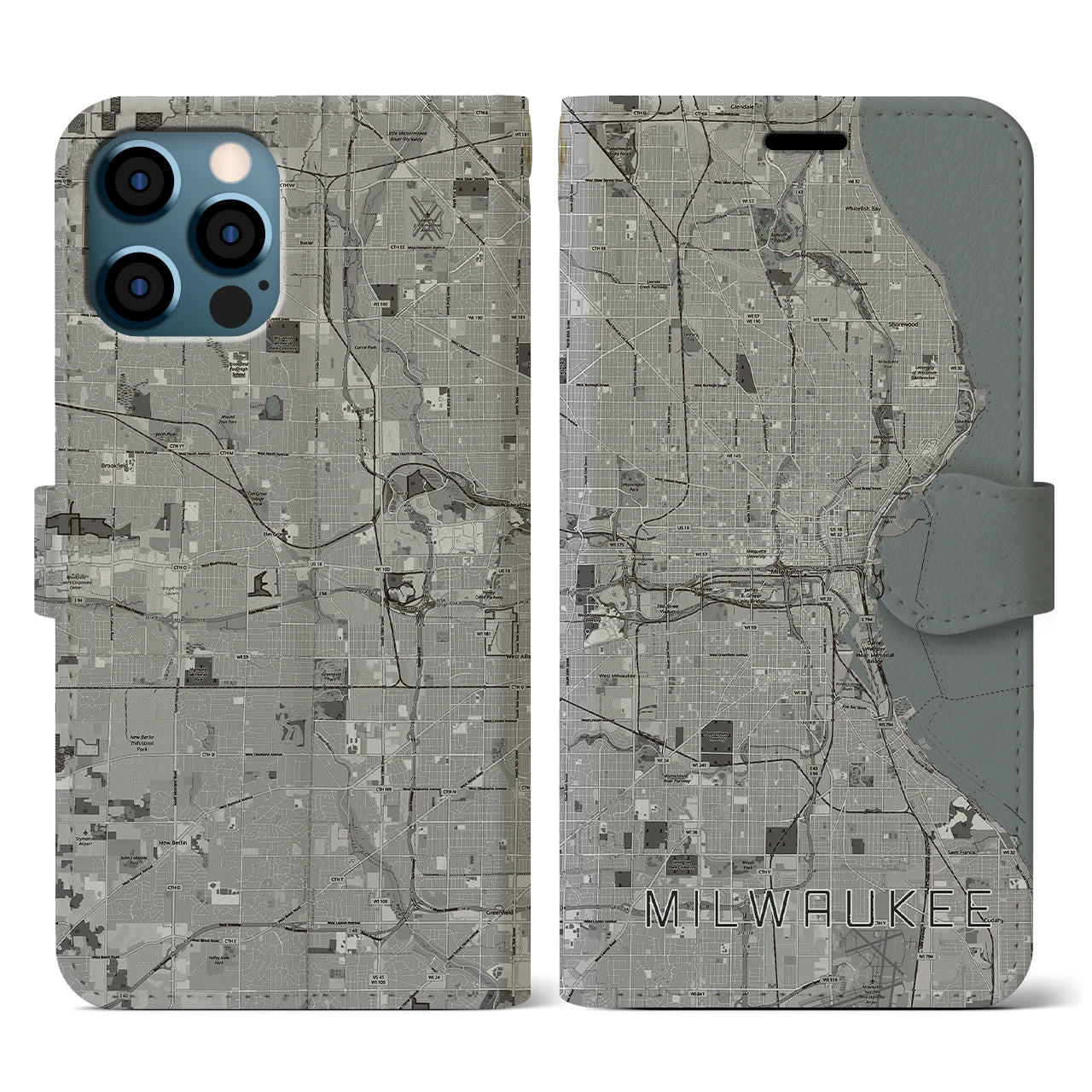 【ミルウォーキー(アメリカ)】地図柄iPhoneケース(手帳タイプ)モノトーン・iPhone 12 / 12 Pro 用