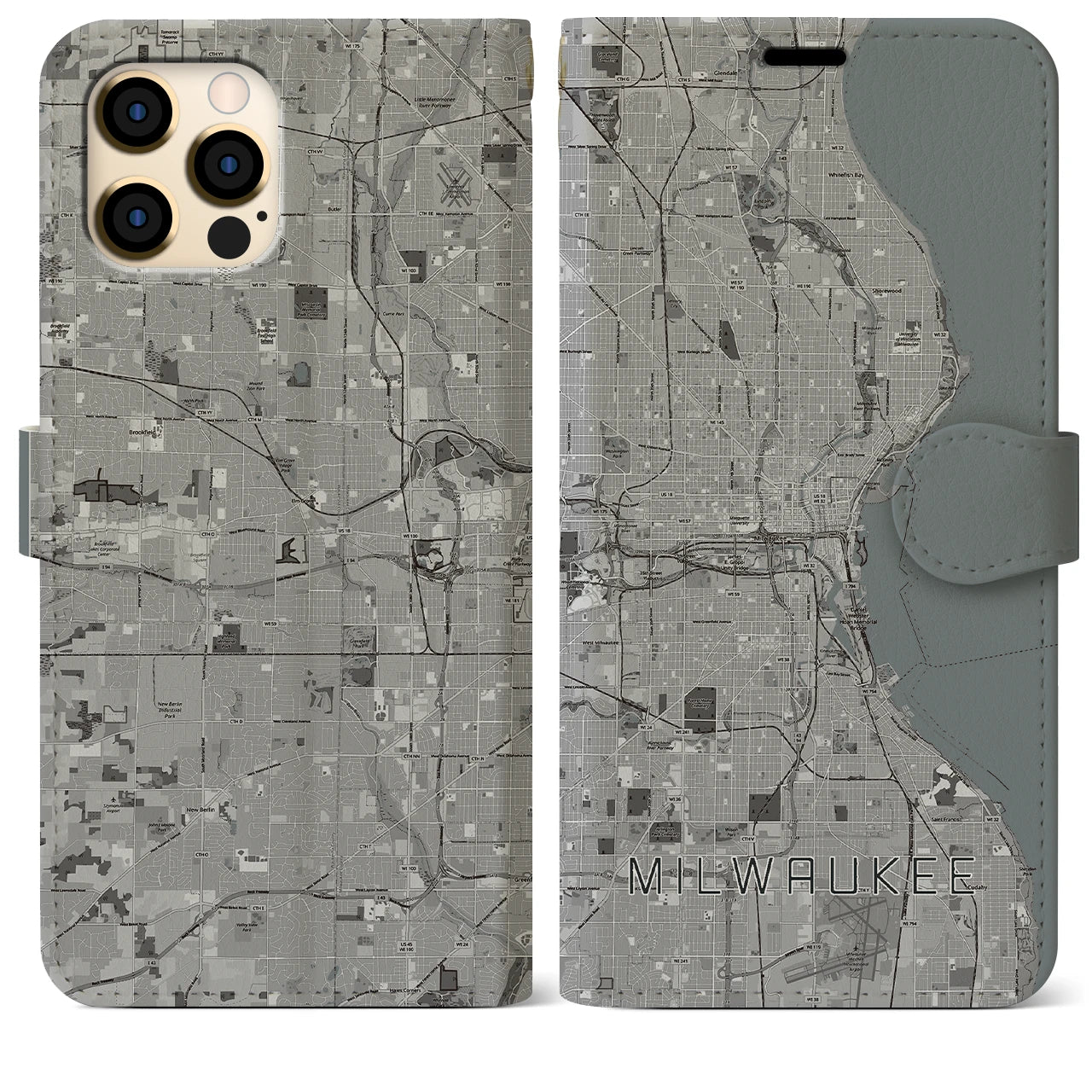 【ミルウォーキー(アメリカ)】地図柄iPhoneケース(手帳タイプ)モノトーン・iPhone 12 Pro Max 用