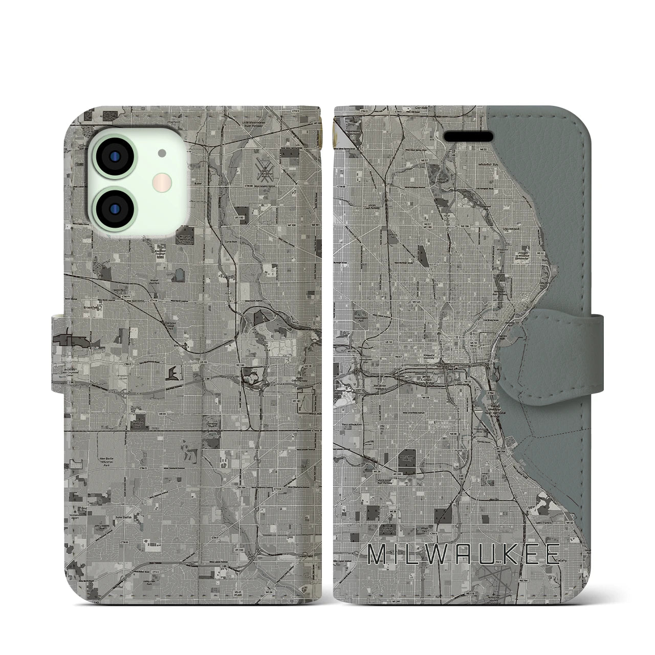 【ミルウォーキー(アメリカ)】地図柄iPhoneケース(手帳タイプ)モノトーン・iPhone 12 mini 用