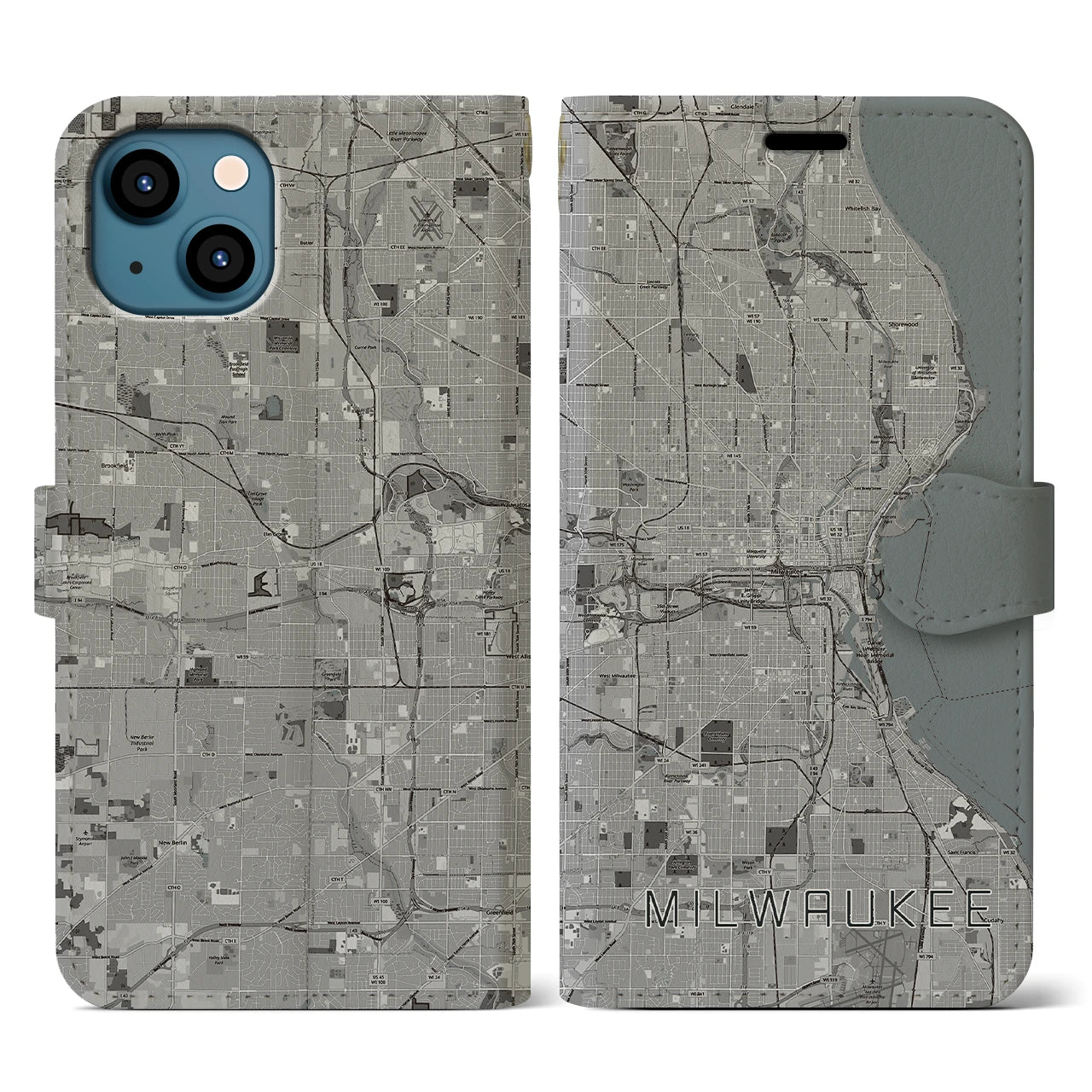 【ミルウォーキー(アメリカ)】地図柄iPhoneケース(手帳タイプ)モノトーン・iPhone 13 用
