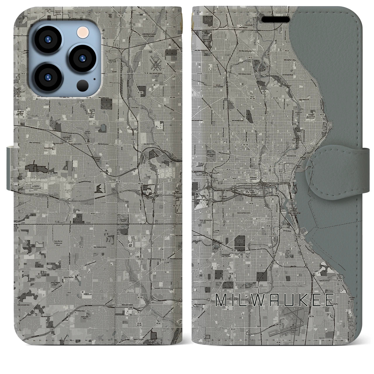 【ミルウォーキー(アメリカ)】地図柄iPhoneケース(手帳タイプ)モノトーン・iPhone 13 Pro Max 用