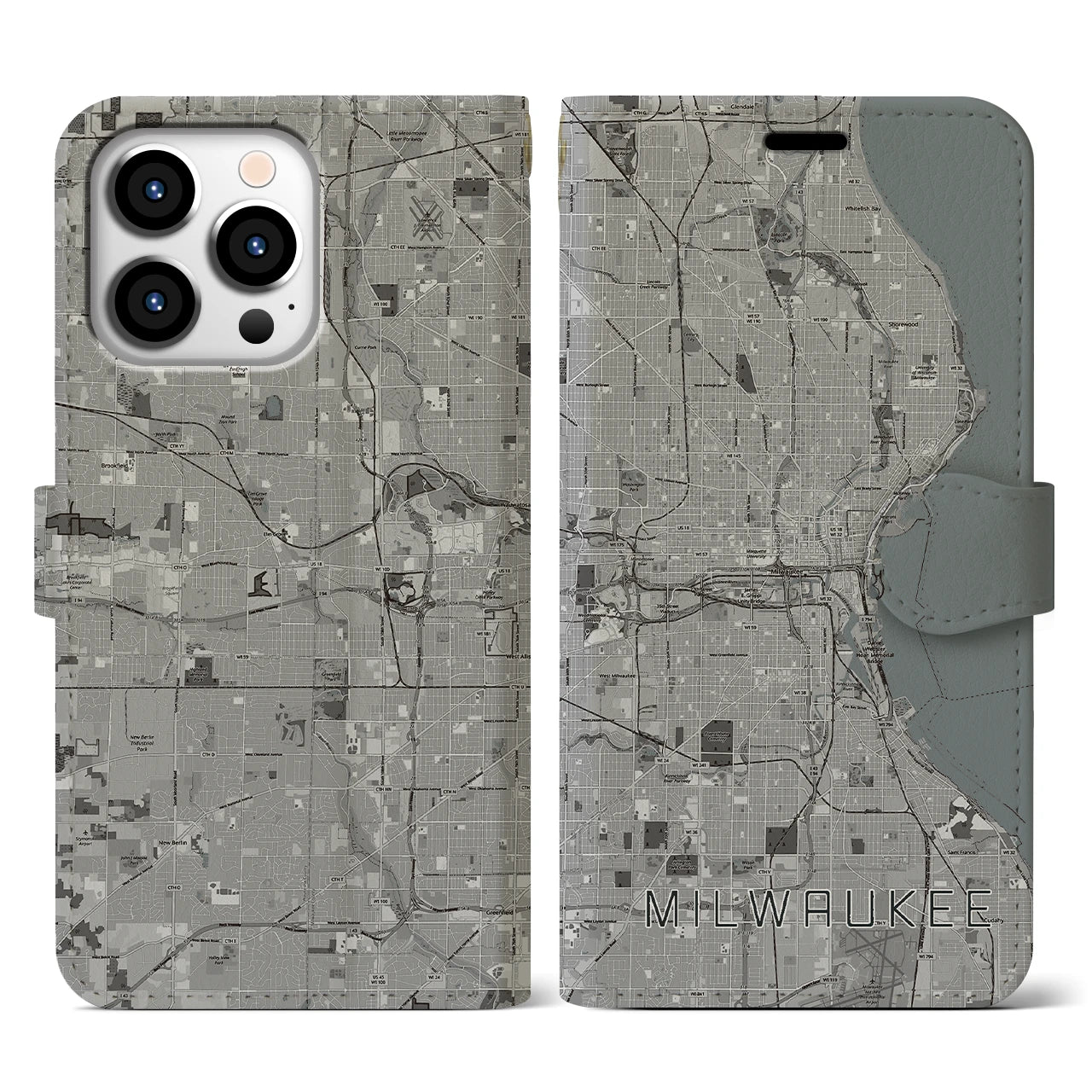 【ミルウォーキー(アメリカ)】地図柄iPhoneケース(手帳タイプ)モノトーン・iPhone 13 Pro 用