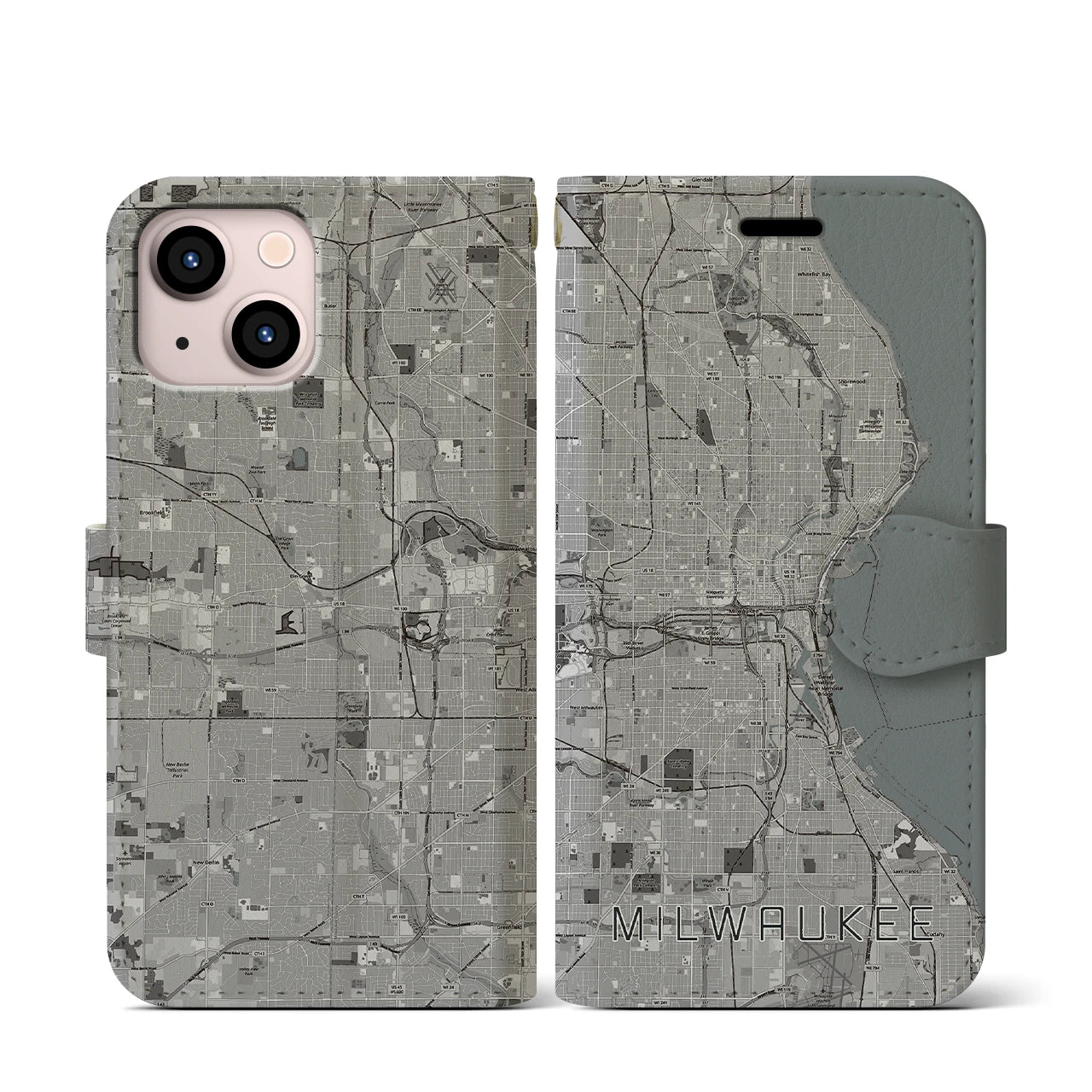 【ミルウォーキー(アメリカ)】地図柄iPhoneケース(手帳タイプ)モノトーン・iPhone 13 mini 用