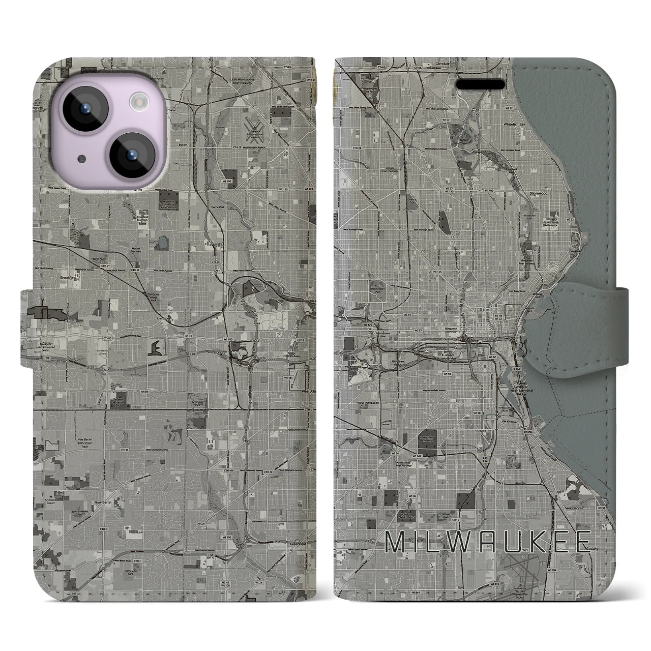 【ミルウォーキー(アメリカ)】地図柄iPhoneケース(手帳タイプ)モノトーン・iPhone 14 用