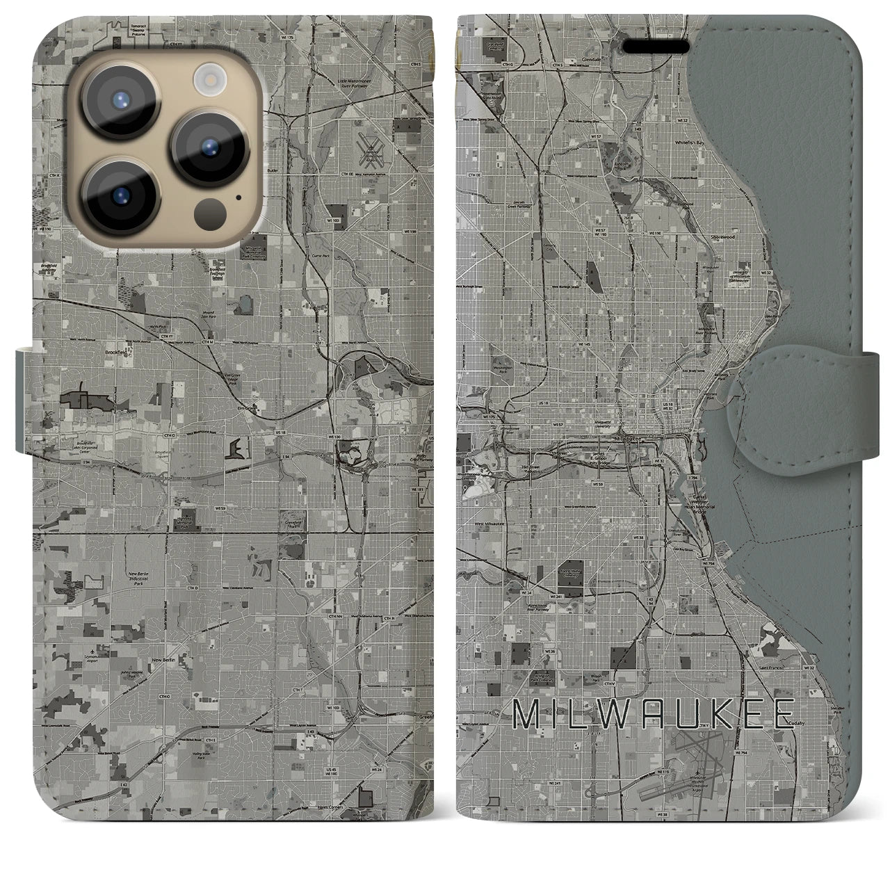 【ミルウォーキー(アメリカ)】地図柄iPhoneケース(手帳タイプ)モノトーン・iPhone 14 Pro Max 用