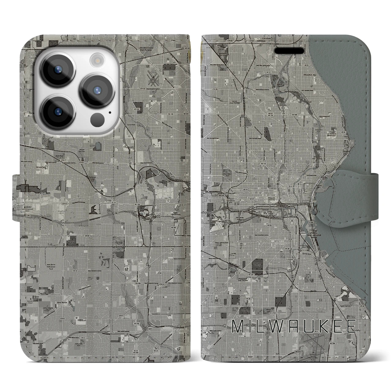 【ミルウォーキー(アメリカ)】地図柄iPhoneケース(手帳タイプ)モノトーン・iPhone 14 Pro 用