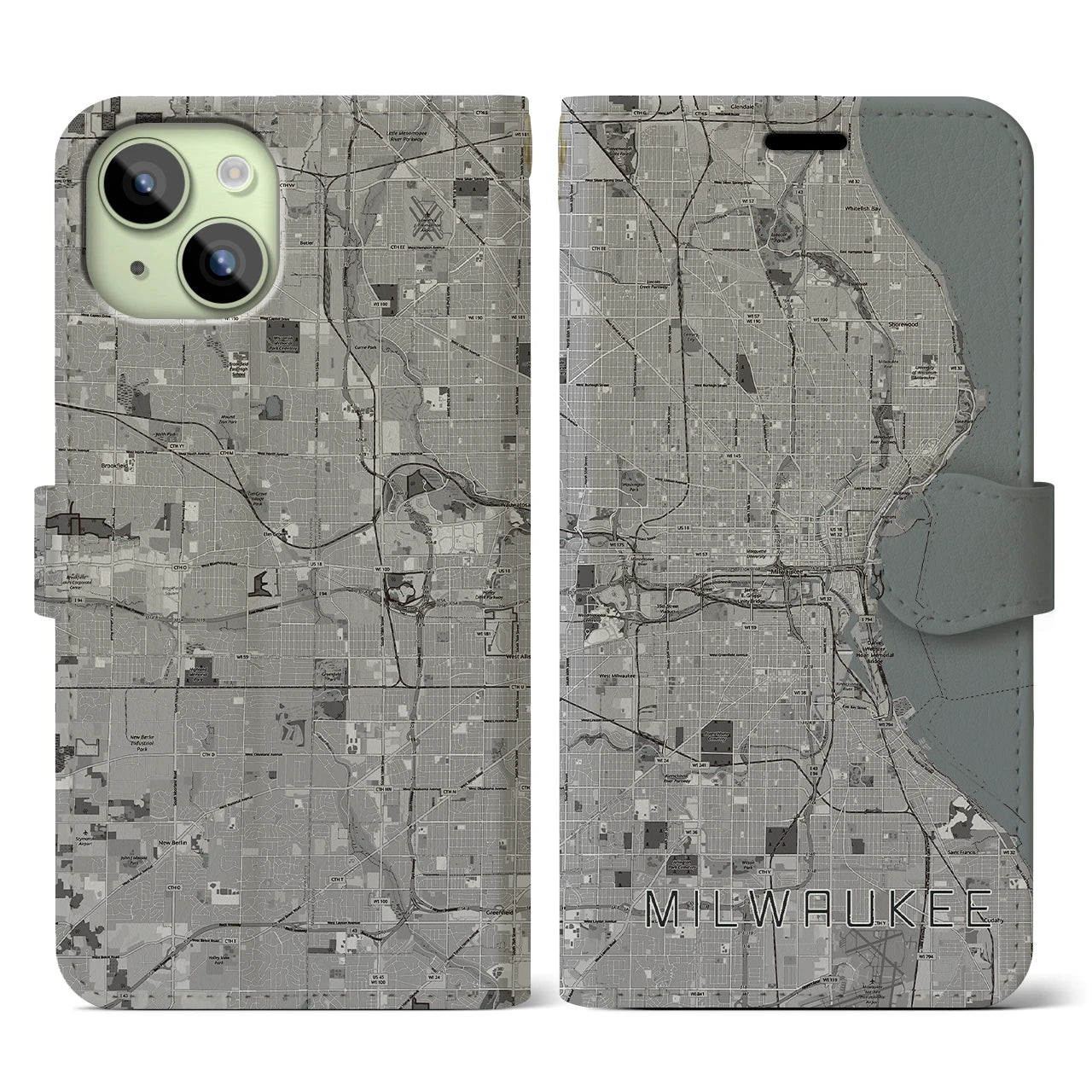 【ミルウォーキー(アメリカ)】地図柄iPhoneケース(手帳タイプ)モノトーン・iPhone 15 用